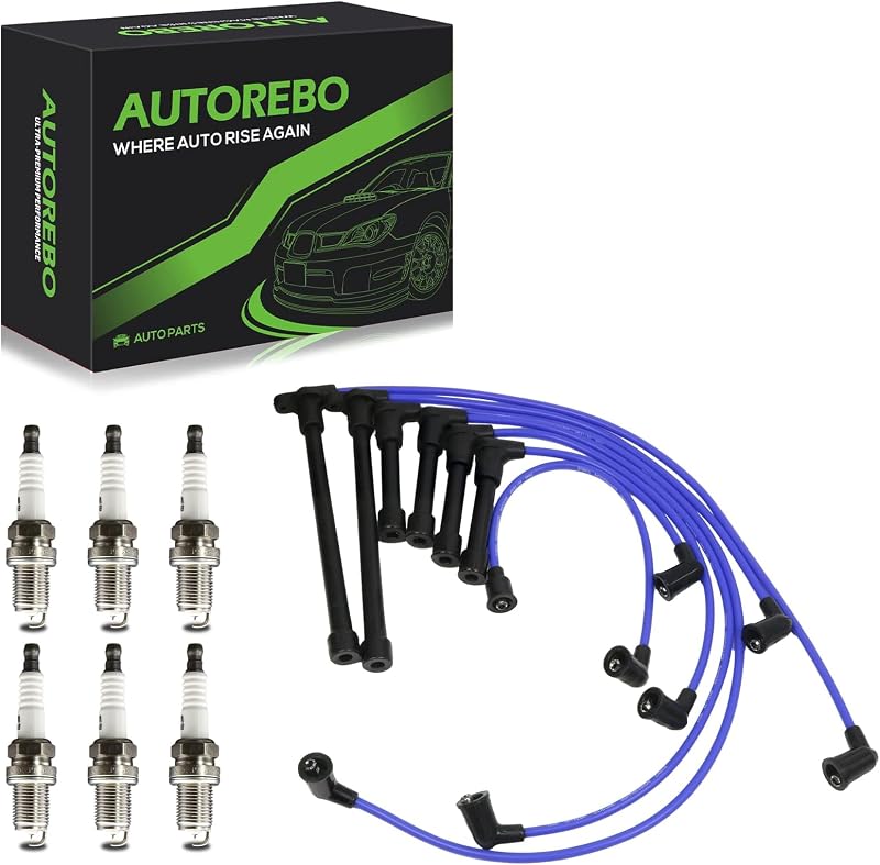Kit de cabos de ignição AUTOREBO com 6 velas de ignição de irídio para Nissan D21, Pathfinder e Pickup 3.0L V6 – Conjunto com 13 peças