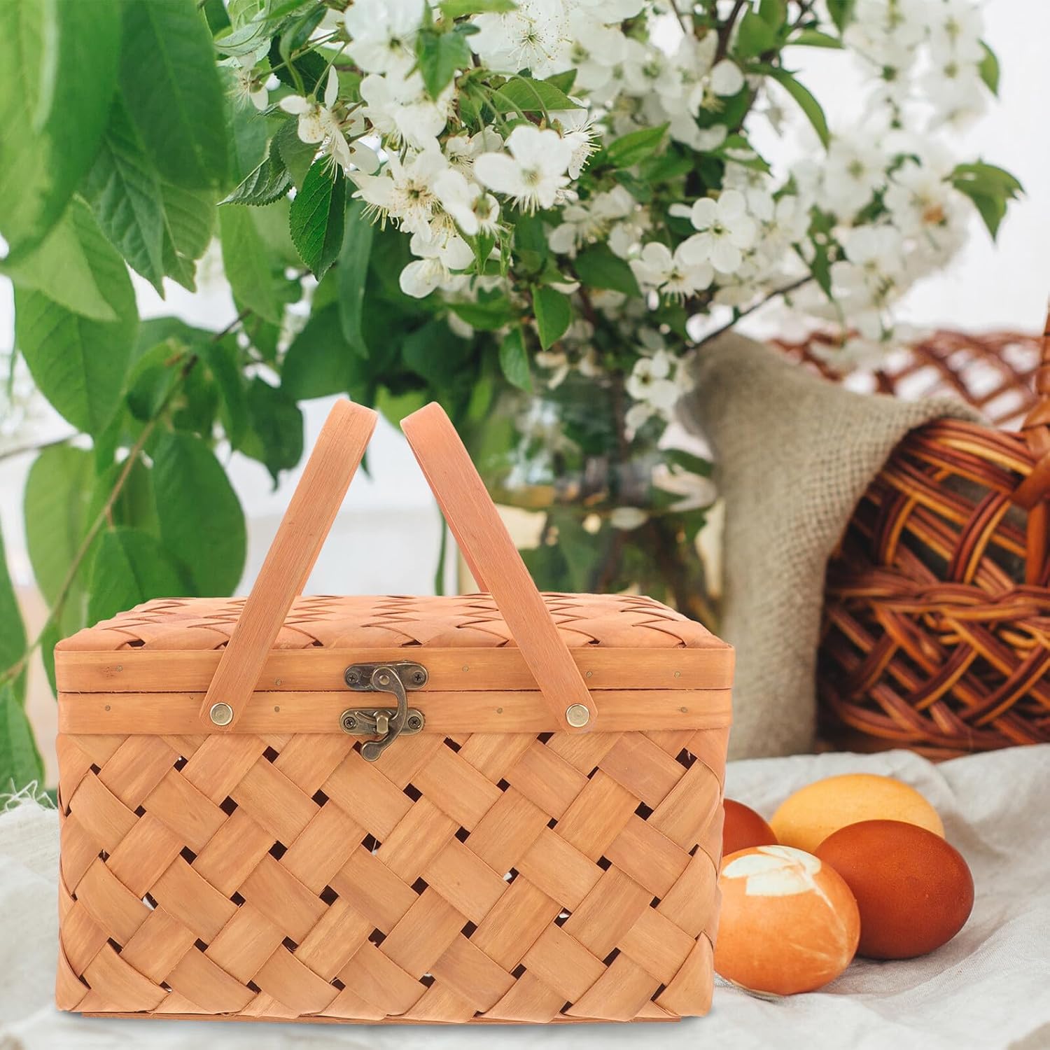 Woven Storage Basket with Lid and Handle, Multi-Function Fruit and Vegetable Organizer for Picnic and Home, 32x22x18cm Brown Woodchip Weave