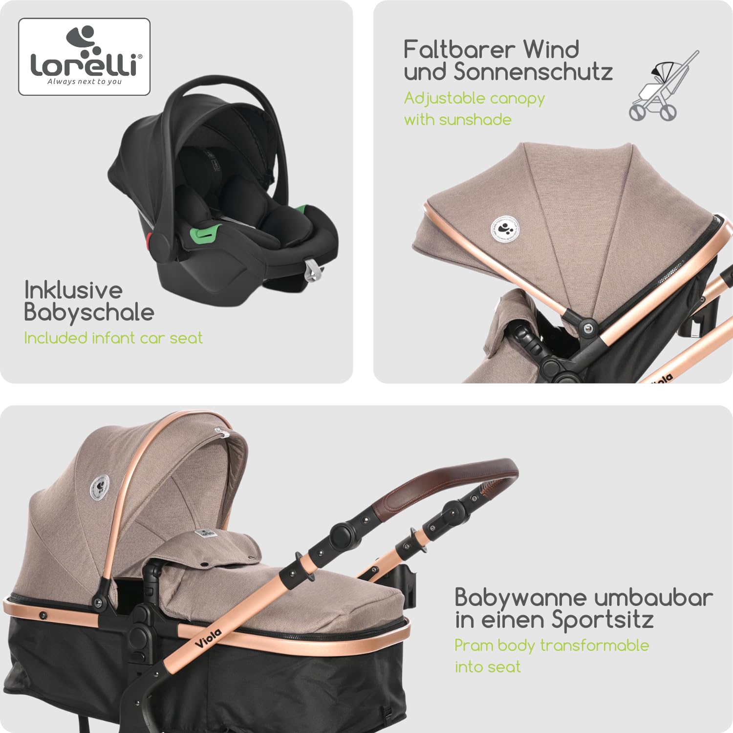 Lorelli Viola Kinderwagen 3 in 1 mit Babyschale, Babywanne umwandelbar in Sportsitz, Baby Kombikinderwagen bis 22kg, Zusammenklappbar, Große Gummireifen, Großer Einkaufskorb, Fußsack, Beige