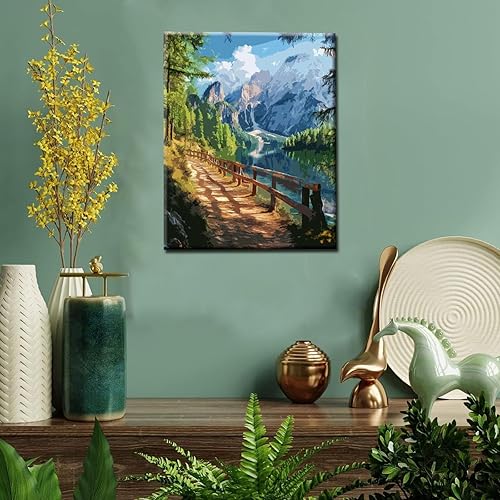Miniatura 2 de Pintura enmarcada de río de montaña al atardecer por números para adultos, niños principiantes, kit de pintura de árboles con escarcha de 16 x 20