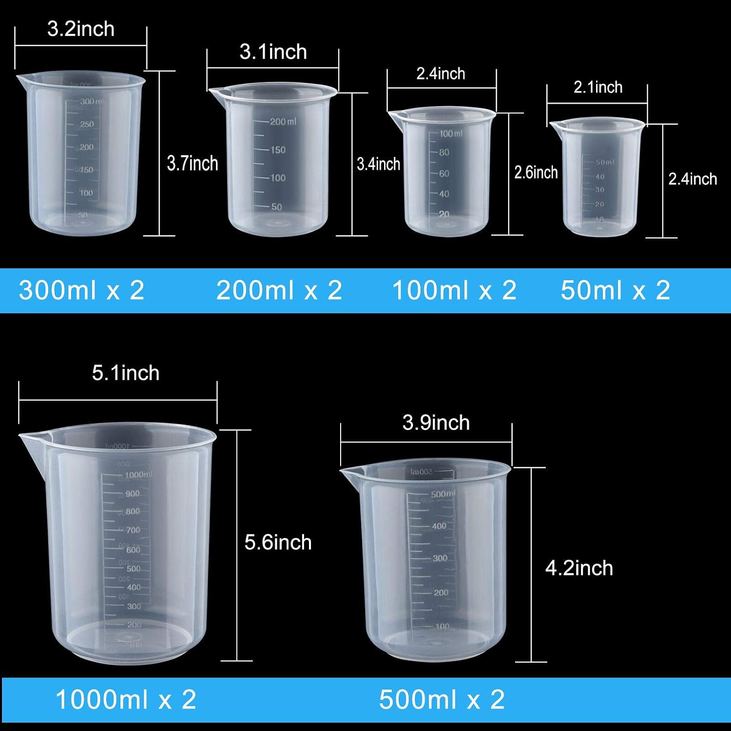 Coopay 12 PCS Plastic Beakers Plastic Graduated Cups Clear Multipurpose Epoxy Mixing Measuring Cup, Liquid Container Beaker in 50ml/100ml/200ml/300ml/500ml/1000ml for Resin, Epoxy, Mixing Paint