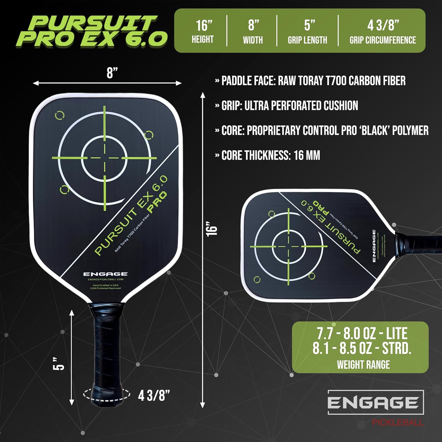 Engage Pursuit Pro EX 6.0 Pickleball Paddle – Widebody Shape, Raw T700 Toray Carbon Fiber Face, 16mm Control Pro “Black” Core, Vortex Barrier Edge Technology Limits Vibration