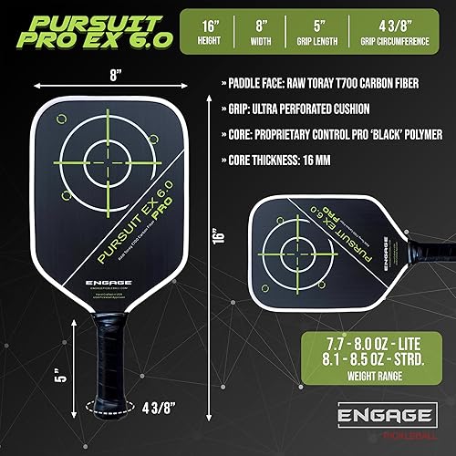 Miniatura 7 de Engage Pursuit Pro EX - Paleta de pickleball - Forma de cuerpo ancho, cara de fibra de carbono Toray T700 cruda, núcleo de control Pro "negro" de