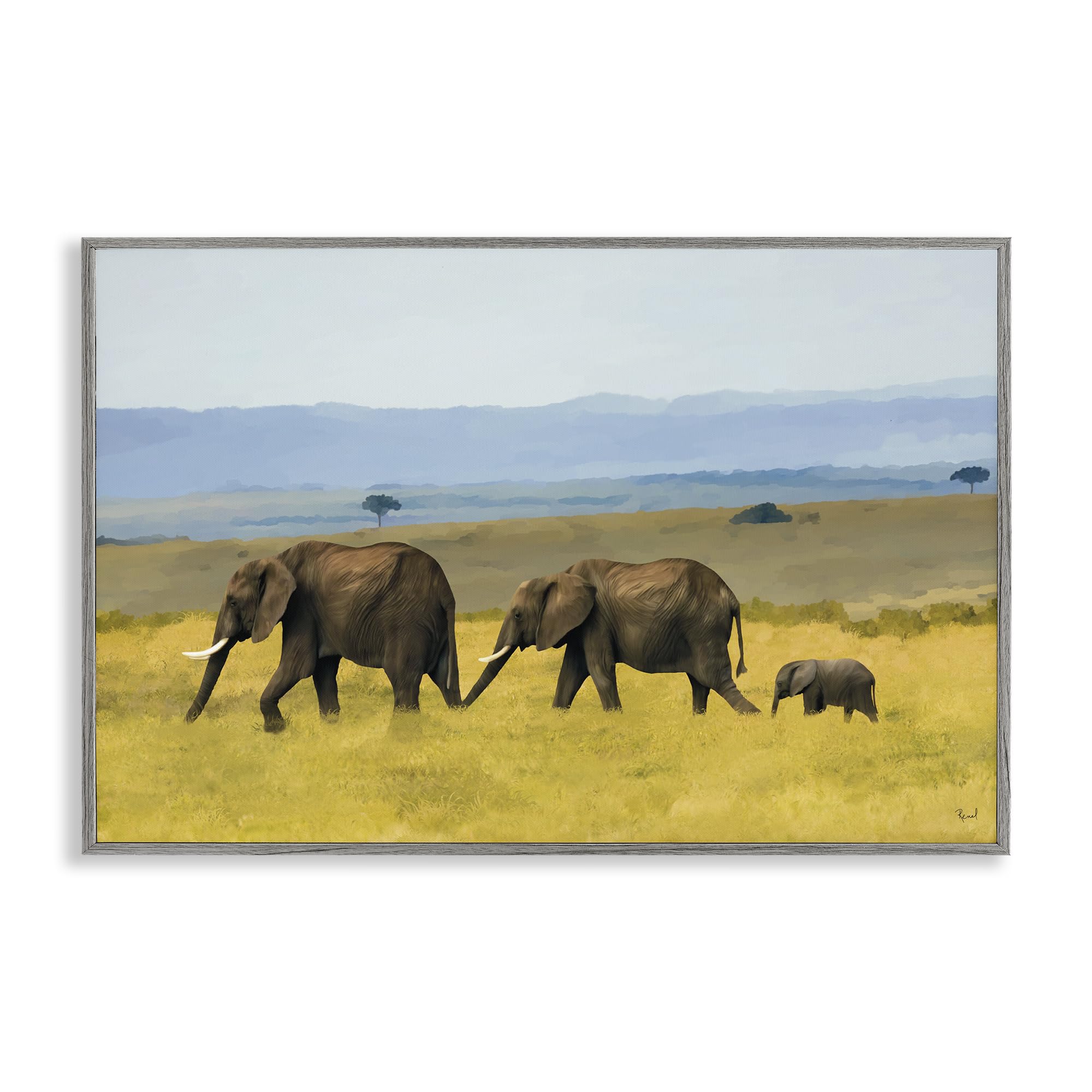 Stupell Industries Farmhouse Gray (Textured) Elephants In The Grassland Safari, 20 X 30 Inch Framed Giclée Print