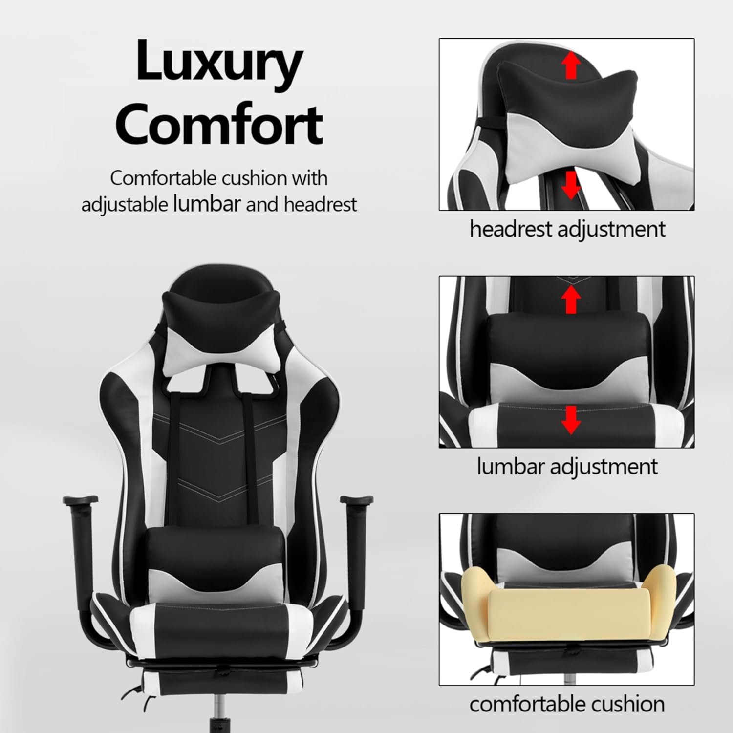 Furniture of America Lois Modern Leather Upholstered Ergonomic Reclining Gaming Chair with Foot Rest, Headrest Pillow, Swivel, Rolling for Recreation Room, Home Office, Black and White