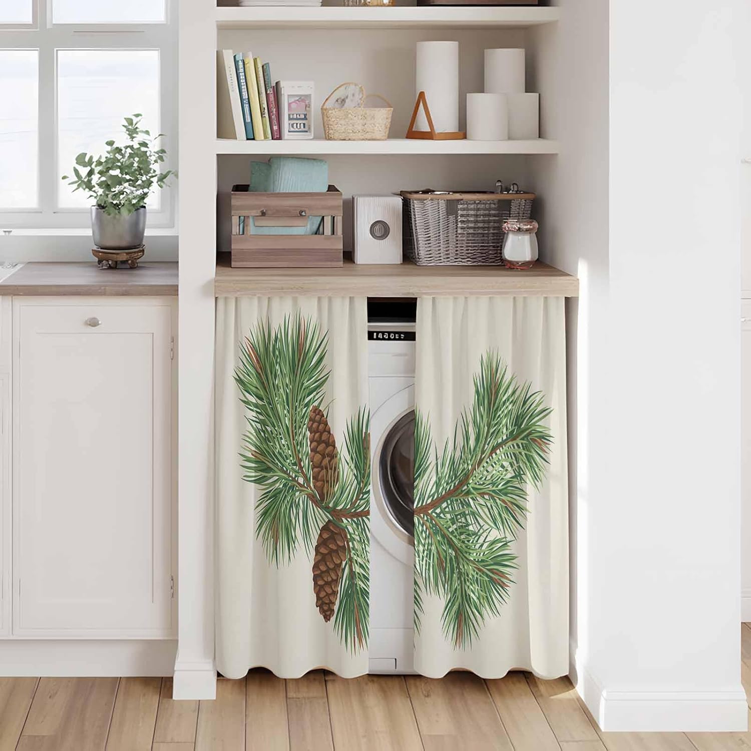 Green Pine Leaves Christmas Kitchen Tier Curtains 45 Inch Long 2 Panel Set,Rod Pocket Short Window Treatment,Xmas Botanical Pine Cones Curtains & Drapes for Bathroom Basement 27.5"W x 45"L