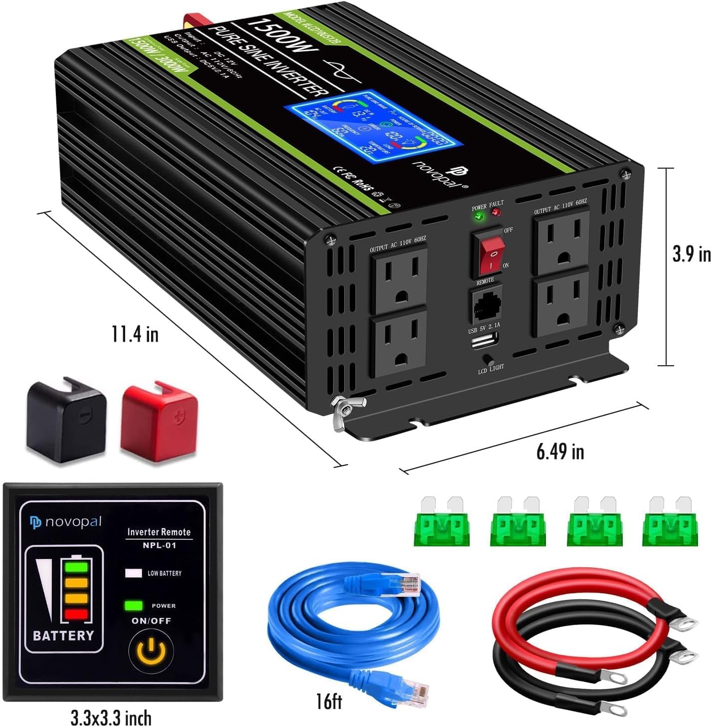 Novopal 1500 watt Pure Sine Wave Power Inverter DC 12V to 110V/120V Converter 4 AC Outlets Car Inverters with USB Port 16.4 Feet Remote Control and LCD Display
