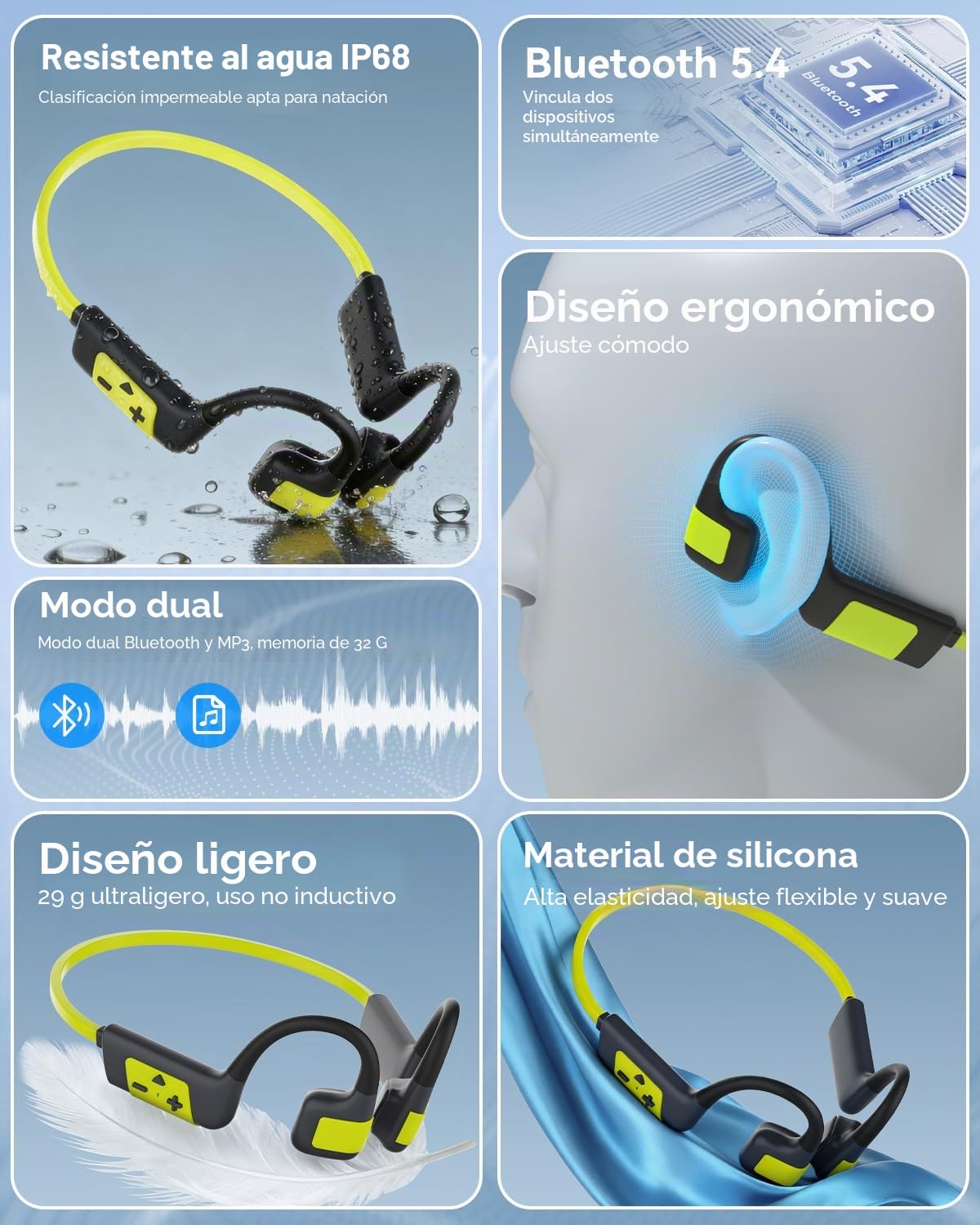 Auriculares Conducción Osea Natacion, 8GB MP3 Auriculares para Nadar Correr | Impermeable IP68 para nadar,correr, Bluetooth 5.4, Modos Bluetooth y MP3, Material de silicona suave