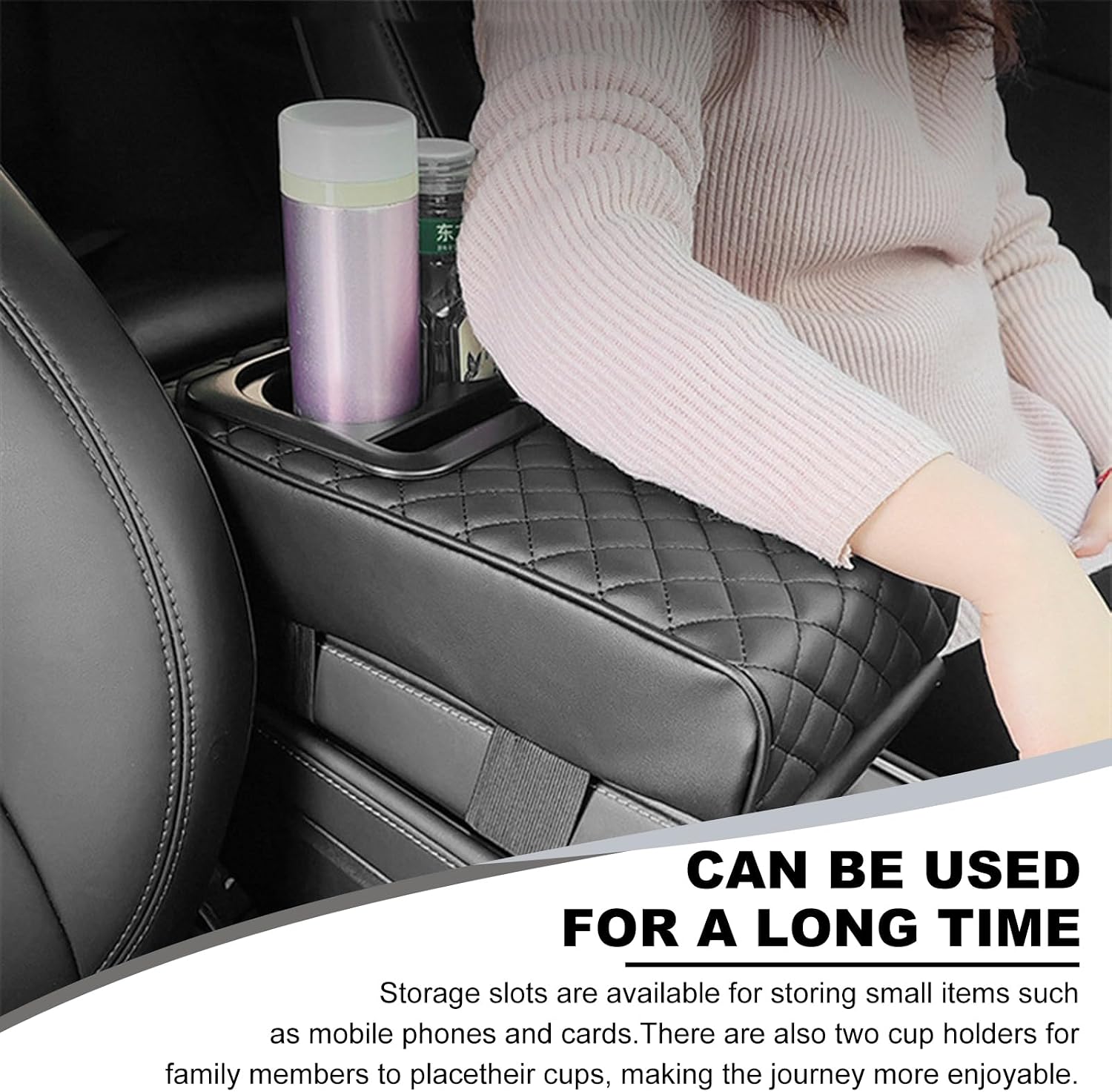 Car Center Console Armrest Pillow, 14.0"×8.3" Soft Memory Foam Armrest Cushion with Cup Holder Storage Bag, Waterproof Leather Vehicle Arm Rest Booster Pad for Most Cars (Diamond Pattern)