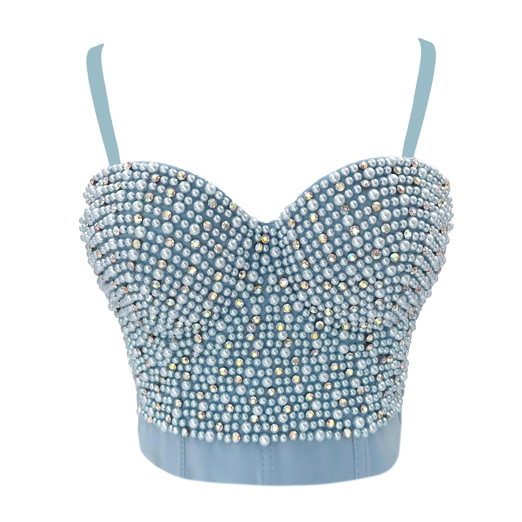 ELLACCI Sexy Bustier mit Perlen und Strasssteinen, bauchfreies Top, Push-Up-Korsett-Top mit abnehmbaren Trägern, Blau