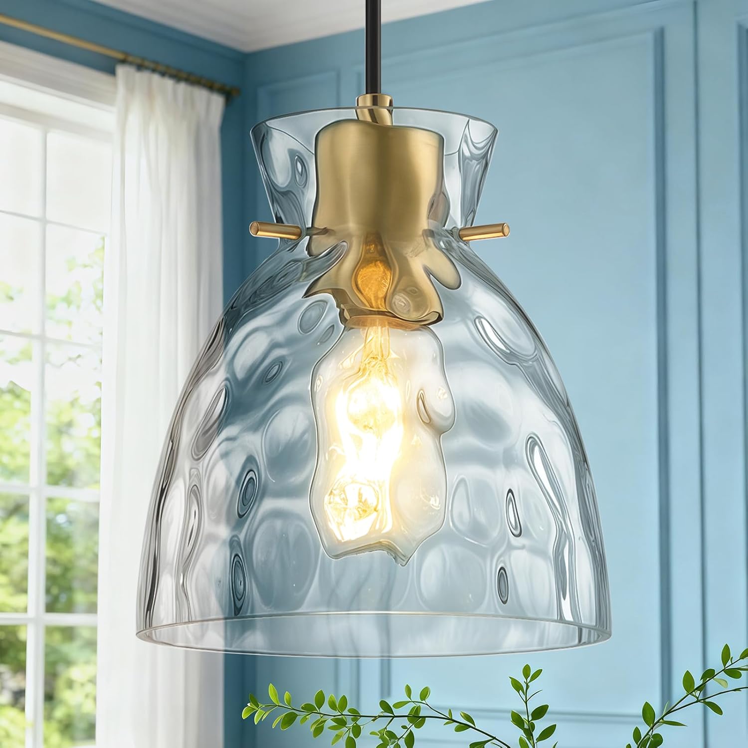 Hammered Glass Black Gold Pendant Lights Kitchen Island Lighting, 5.9” Small Single Brass Pendant Light Fixtures, Adjustable Modern Hanging Lights Kitchen Pendant Lighting over Island Sink Bathroom