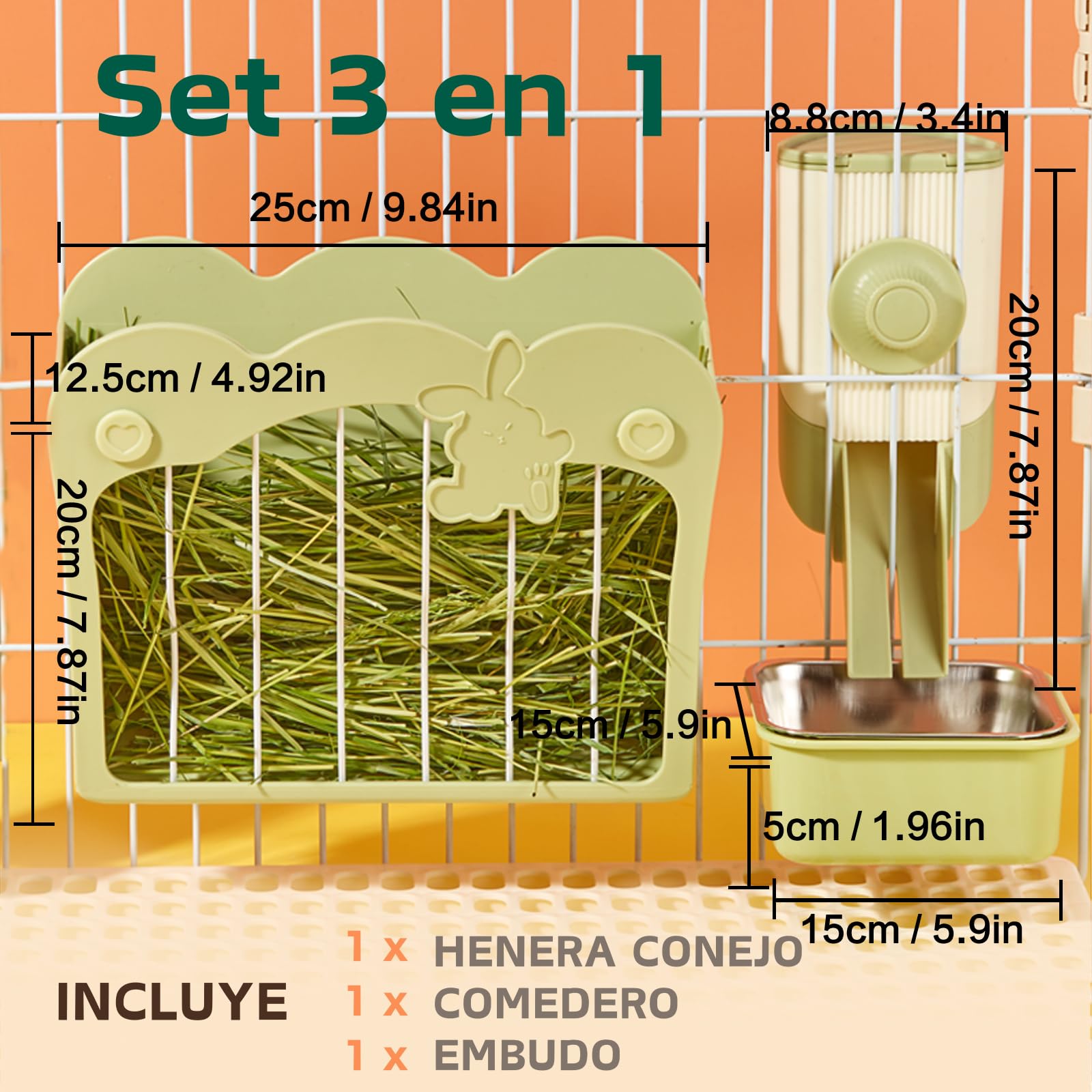 Comedero Hoin Conejo, kit de alimentación 3 en 1 con cuenco y embudo colgante para jaula, rastrillo de heno para conejo, conejillo de indias Chinchilla (Verde) de la marca septillar