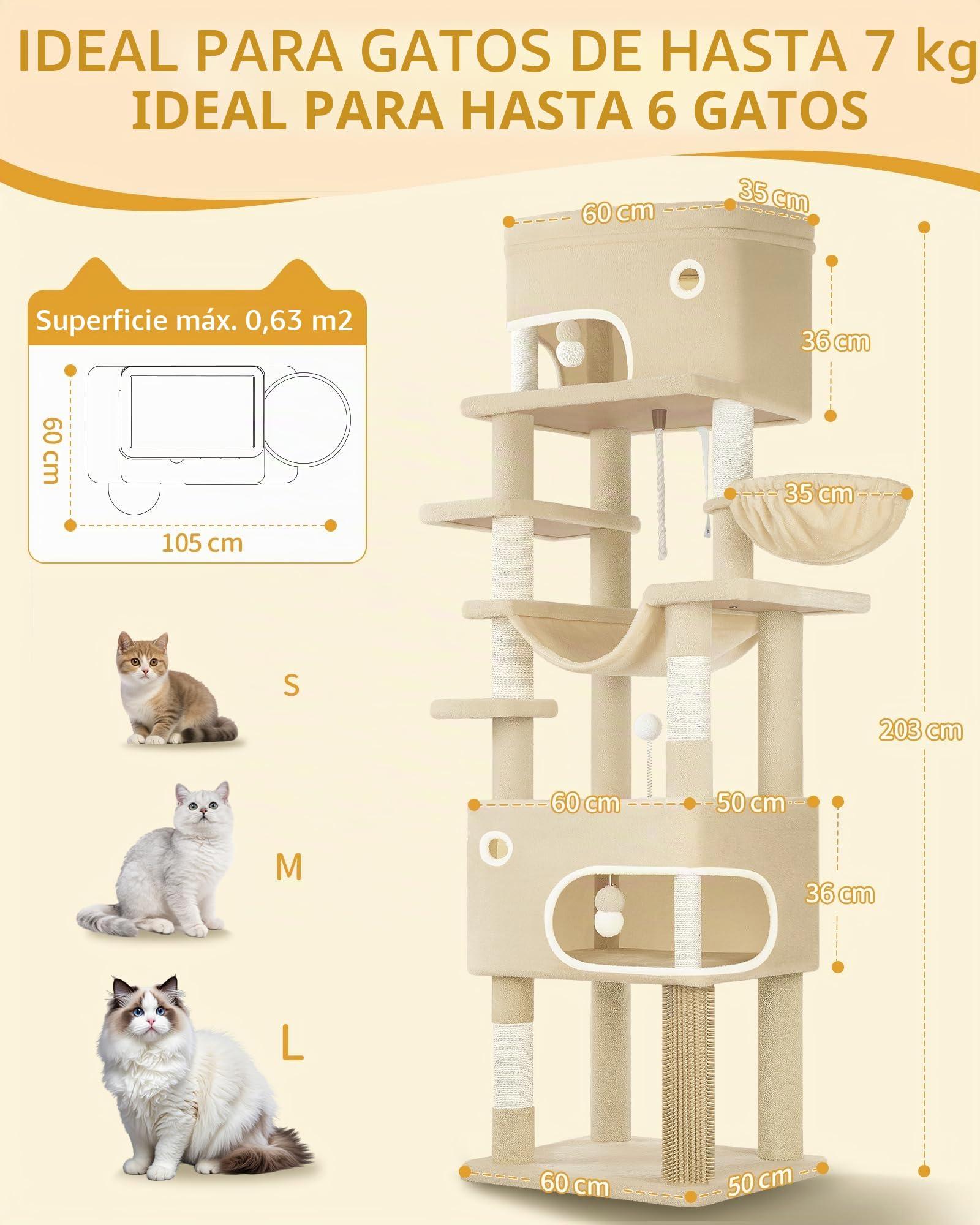 Hzuaneri Árbol Rascador para Gatos, 203 cm Multicapa con Plataforma Grande, 2 Cuevas, 7 Postes de Sisal, Pompones, Cesta para Gatos, Hamaca, Beige MS20318YL