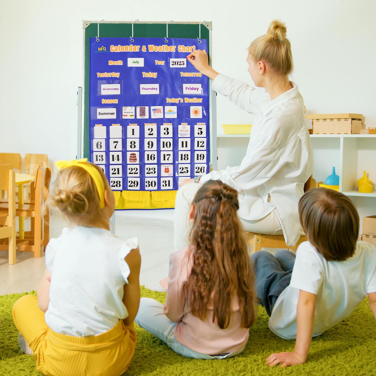 Pocket Chart for Classroom Calendar & Weather – 148 Learning Cards with Dates, Months & Holidays – 48 Pockets Durable Hanging Chart for Kids, Teachers, Preschool, Homeschool & Classroom Decor