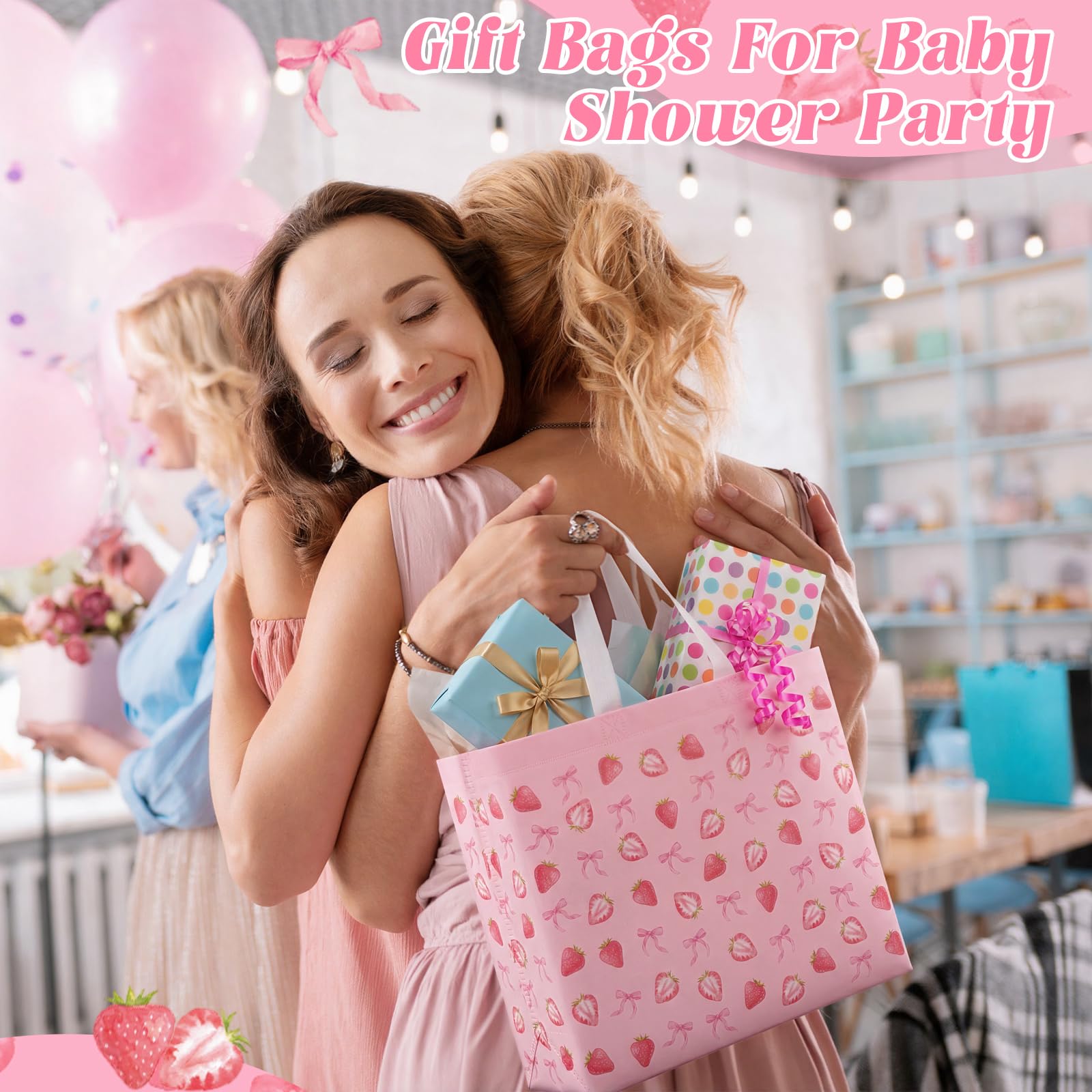 Abbylike 30 Pack Strawberry Bow Reusable Gift Bag Bulk Large Pink Bow and Sweet Strawberry Print Shopping Bag Tote Non Woven Tote for Women Wedding Birthday Baby Shower, 12.2 x 11.02 x 4.72 Inches