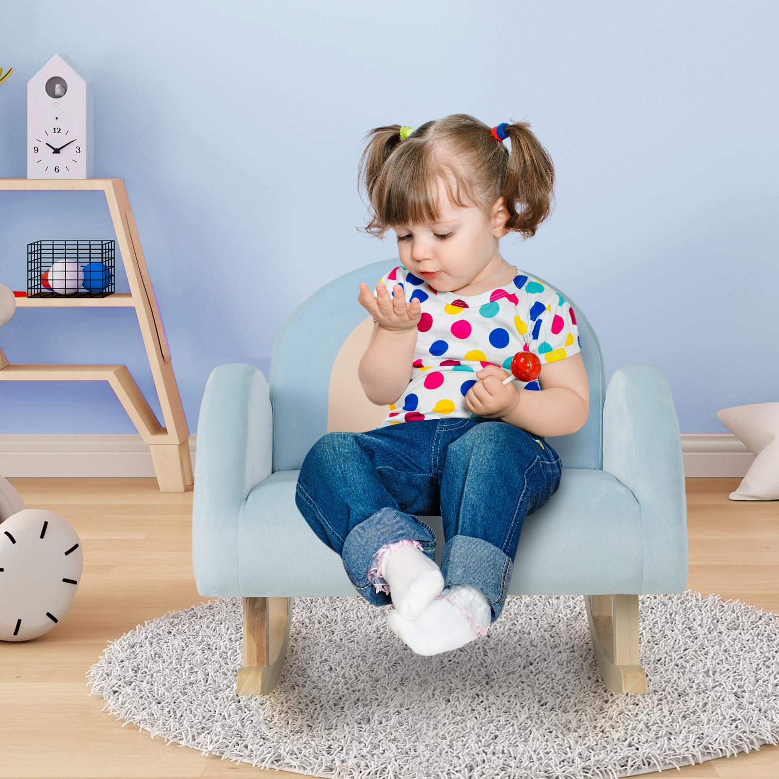 GYMAX Divano a Dondolo per Bambini 3-5 Anni, Gamba in Legno Massello, Poltrona Imbottita, Carini per Cameretta, Asilo Nido e Sala Giochi, Blu