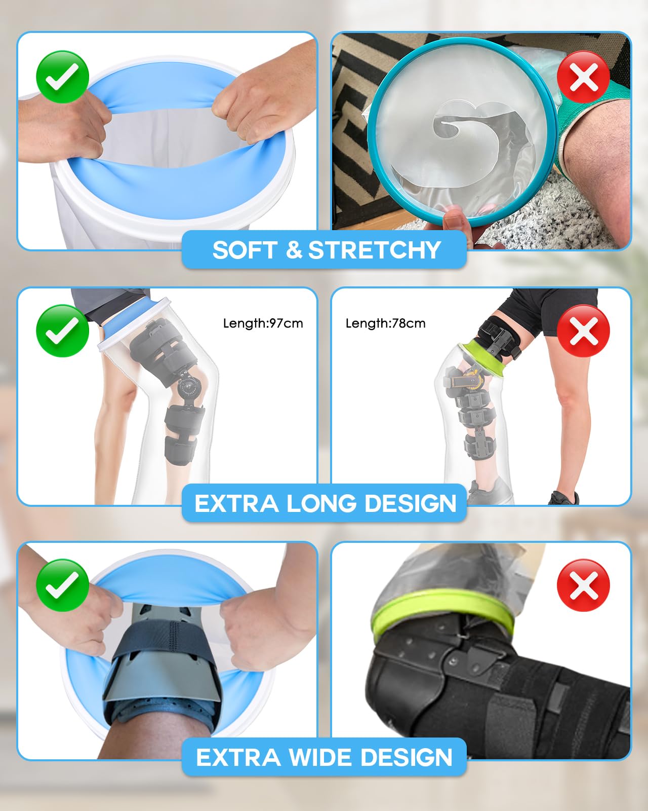 Funda impermeable extra ancha de pierna completa para ducha con parte inferior antideslizante, protector impermeable extra grande para piernas para heridas de cirugía de muslo, pie, tobillo,