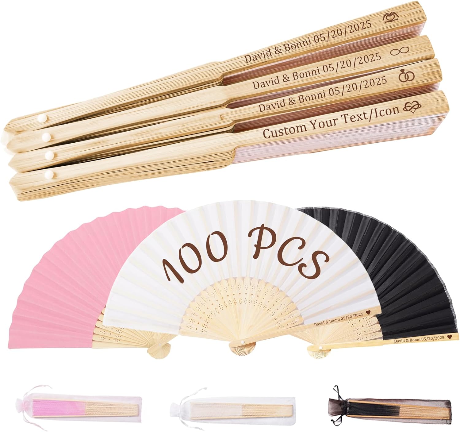 HJX 100Pcs Personalized Wedding Fans for Guests Custom Engraved Silk Folding Hand Fans for Line Dancing Bulk Party Favors