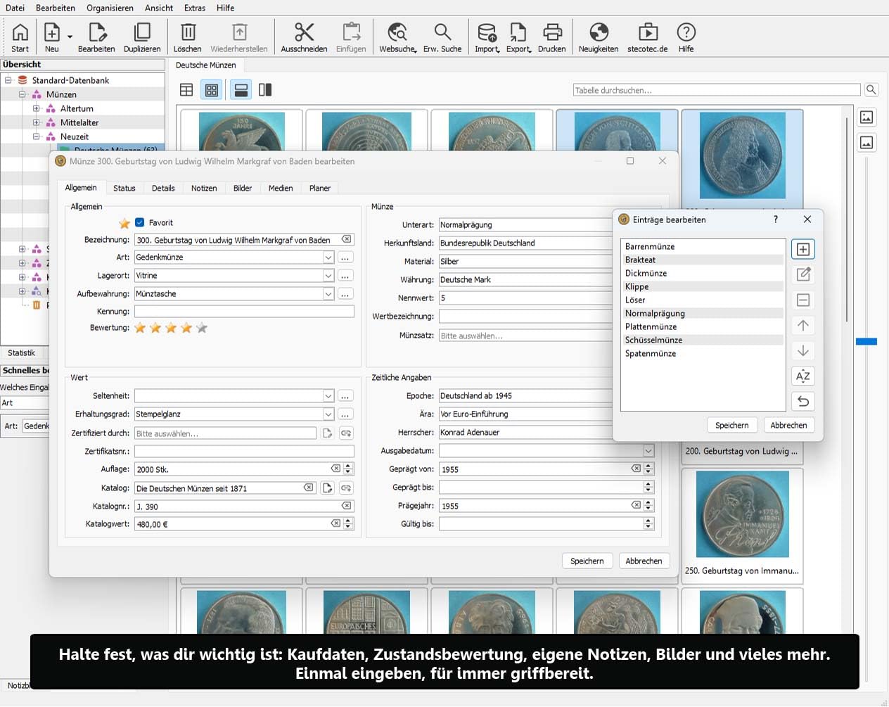 Münzen Software - Stecotec Münzen-Verwaltung Pro 3 - Programm f. Ihre Münzsammlung - Numismatik - Datenbank - CD-ROM