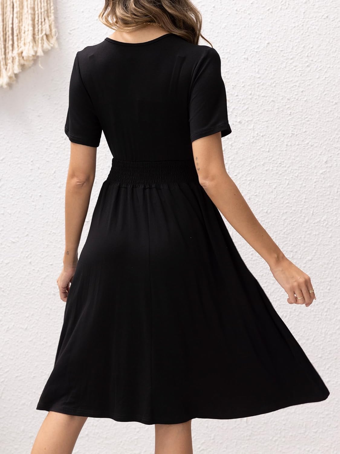 Womens Midi Floral Dress - Short Sleeve Wrap V-Neck Summer Dress with Smocked Waist - A-Line Spring Dress with Pockets - Image 3