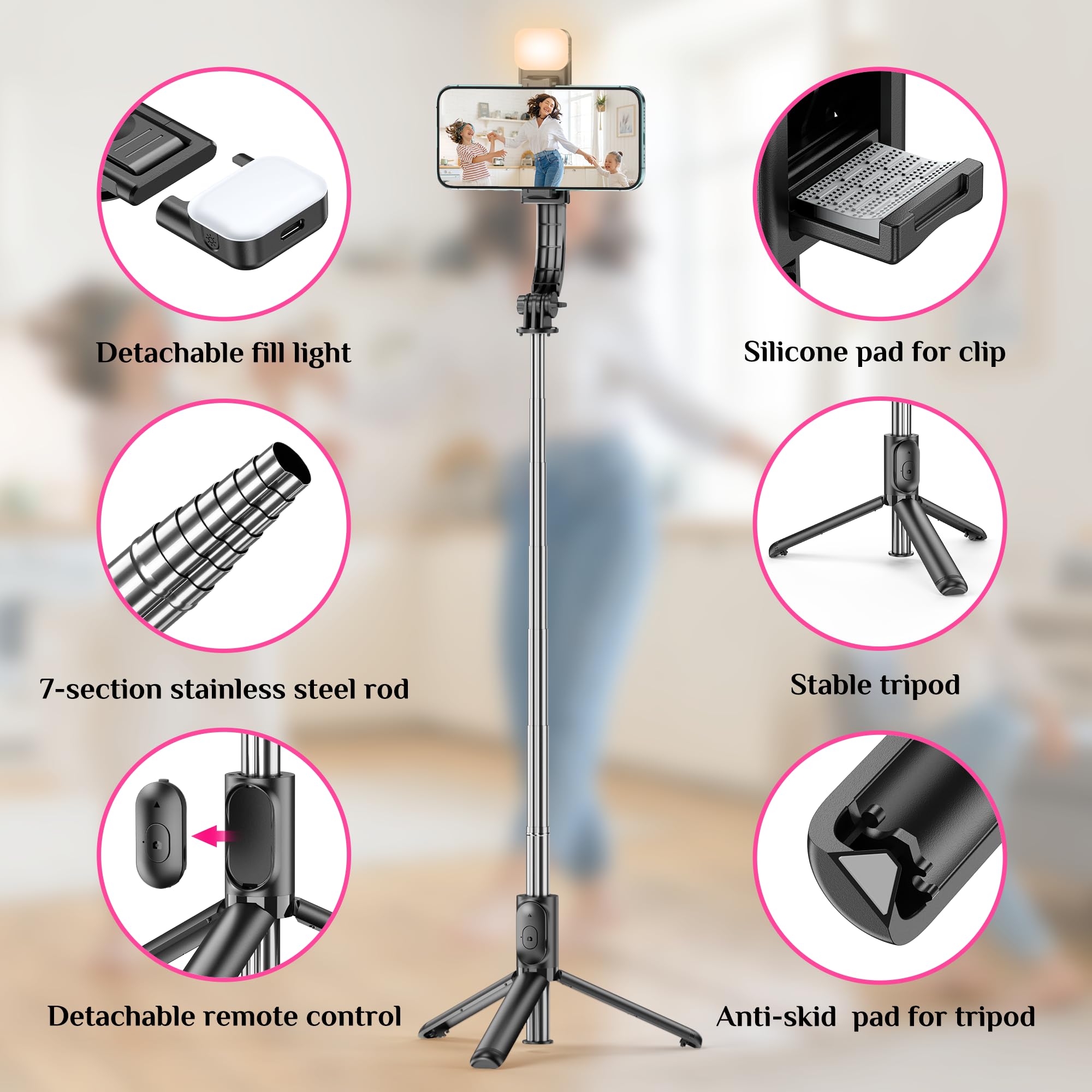 Statyw do selfie ze światłem wypełniającym, rozszerzalny statyw do selfie 4 w 1 z odłączanym pilotem, obrotowy o 360° przenośny statyw do smartfona kompatybilny z iPhone'em/Samsungiem