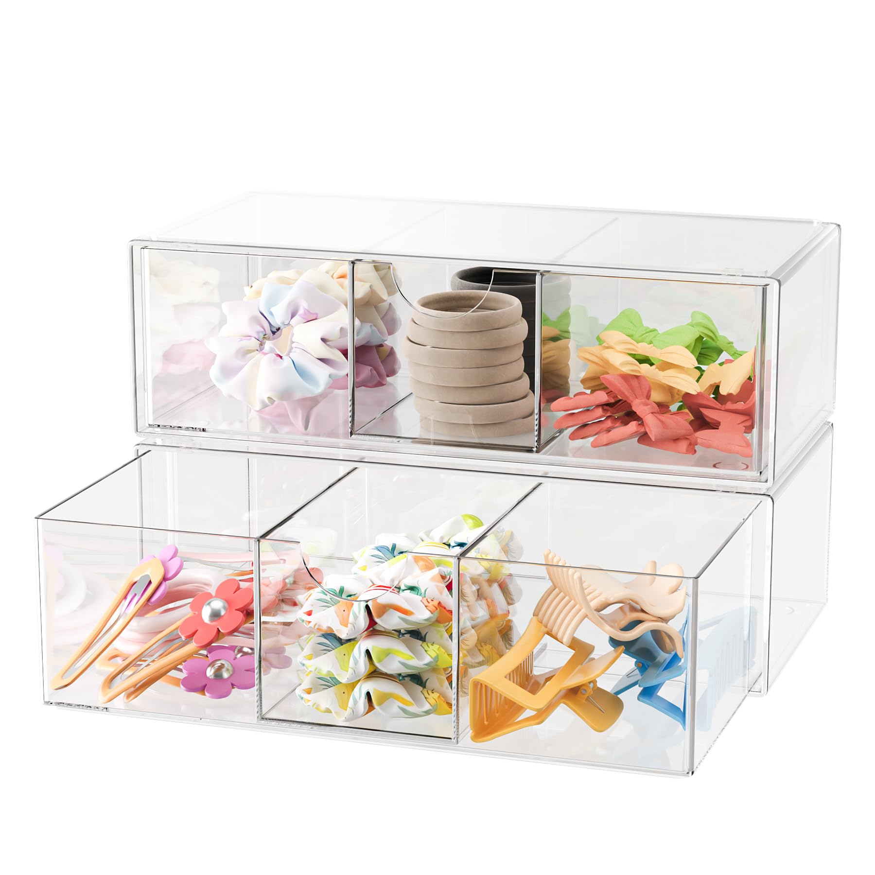 Hair Accessories Organizer for Girls, Clear Hair Bow Tie Clip Scrunchie Holder Organizer with Removable Divider, Cute Small Stackable Storage Drawer