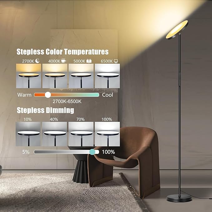 mukuxin Floor Lamp, Upgraded 40W 4000LM Super Bright Torchiere LED Floor Lamps for Living Room, Stepless Dimmable Color Temperature 2700K-6500K with Remote & Touch Control, Standing Light for Bedroom Office photo 3