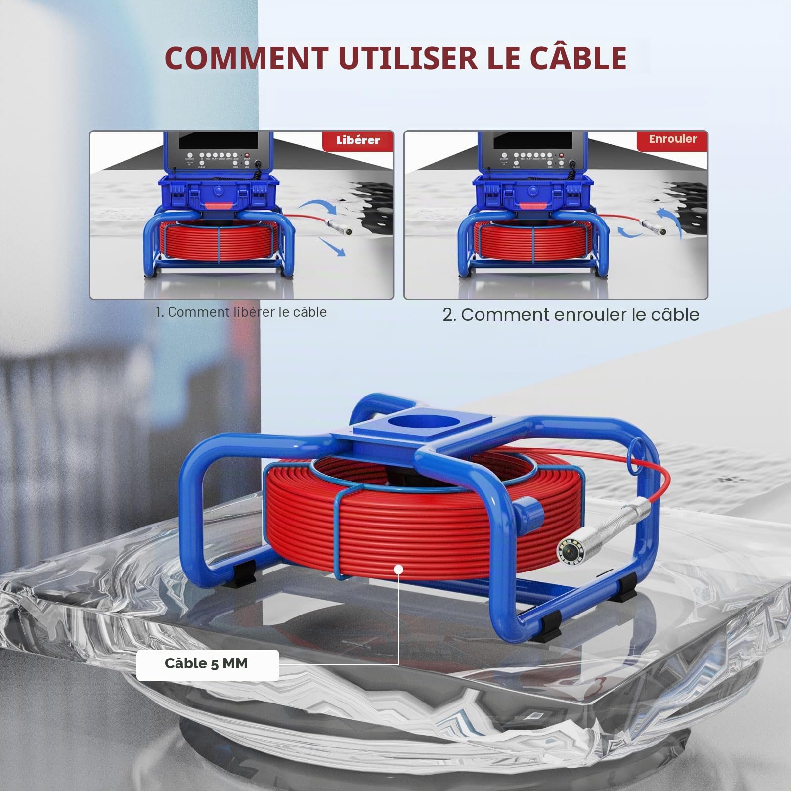 Camera Inspection Canalisation avec Compteur de Distance, 9'' IPS Moniteur Caméra Endoscopique avec Enregistreur DVR, Étanche IP68 Plombier Tuyaux Drain Endoscope Industriel