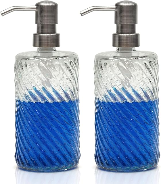 Extra Value Suanti Glass Soap Dispenser Set 2 Pack for Bathroom&kitchen Sink Refillable Liquid Soap Bottle with Silver Stainless Steel for Hand Dish Soap, Shower gel, Shampoo and Conditioner-500ml