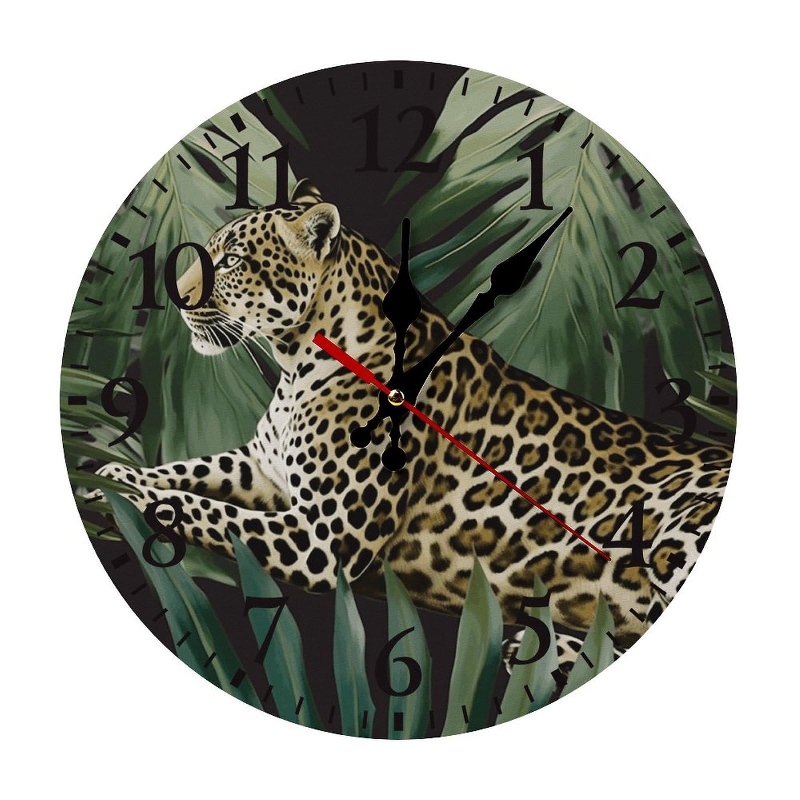 NTVOWPZO 10 Inch Wall Clock Leopard Palm Leaf Battery Operated Wall Clocks Silent Non-Ticking Round Wall Clock for Living Room Kitchen Home Office Wall Decorative Clock