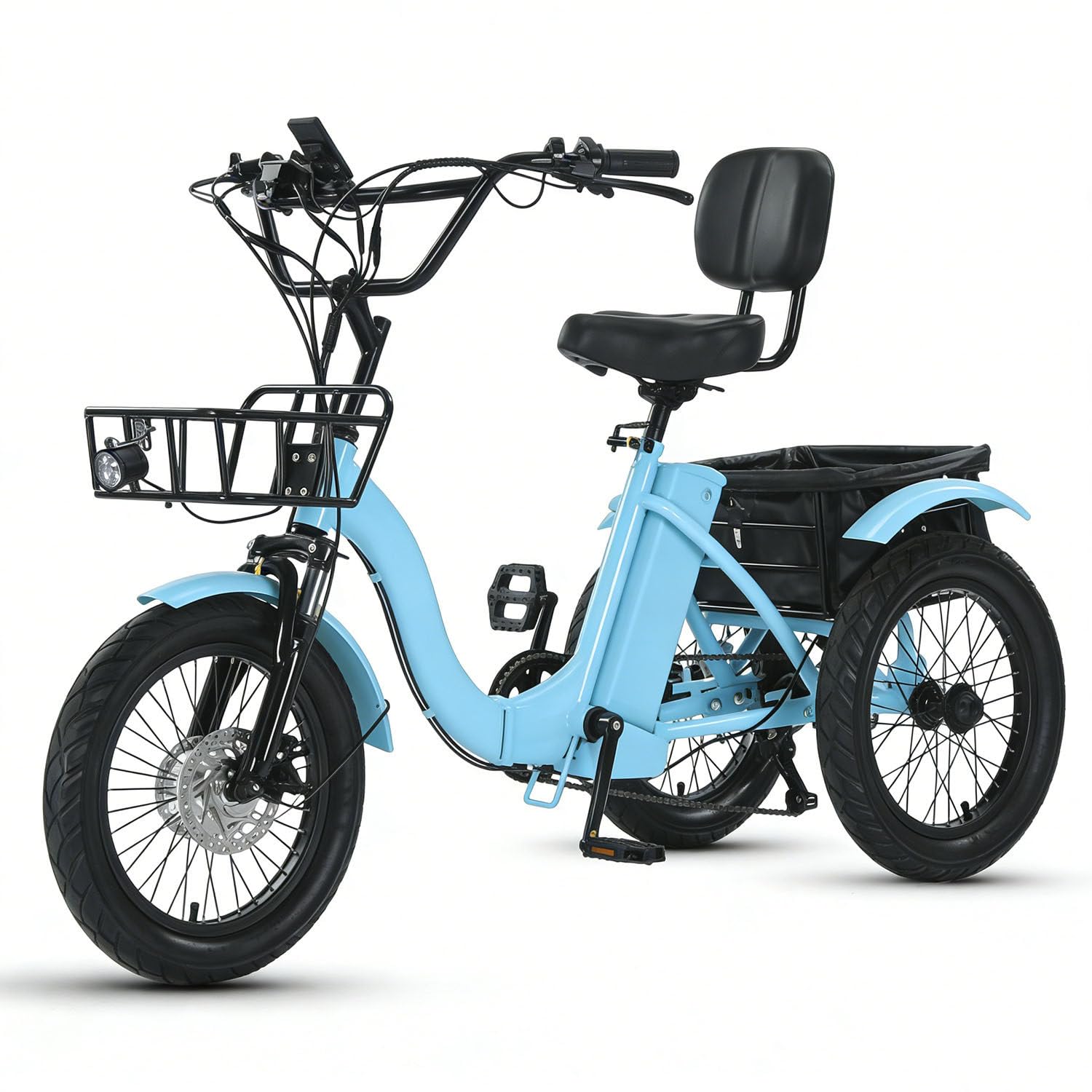 E-Bike Erwachsene Elektro-Dreirad 18 Zoll faltbar mit Tretunterstützung, bequemer Sitz, 2 Gepäckkörbe 30 kg, ideal für Steigungen Einkauf blau