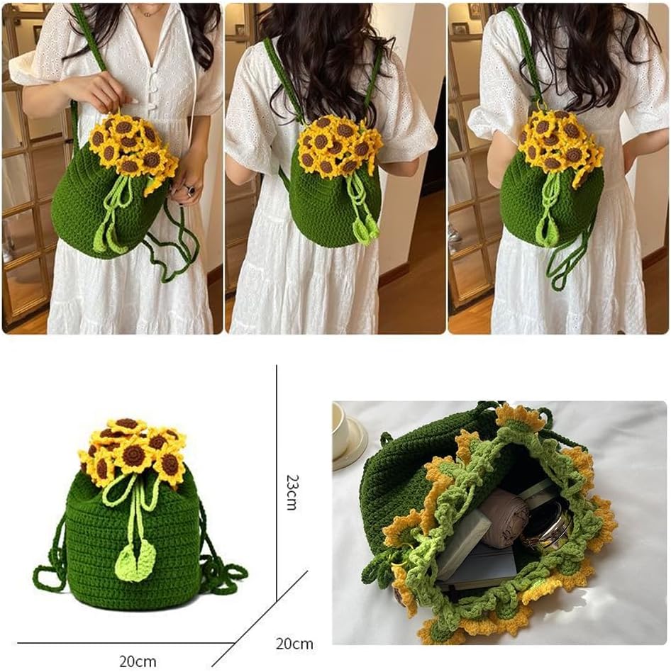 Handmade Crochet Sunflower Backpack Summer Vacation Shoulder Bag Lightweight Casual Daypack for Travel, Beach, Hiking (D)