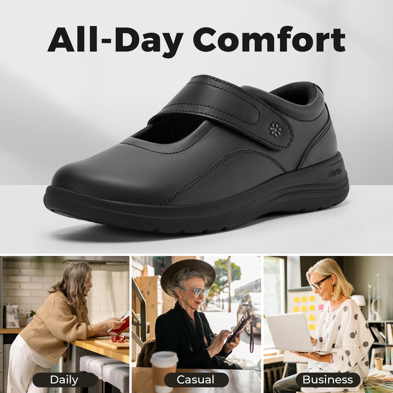FitVille Extra Weite Seniorenschuhe mit Klettverschluss Damen Mary Jane Halbschuhe aus Mikrofaserleder Weich Leicht Freizeit Walkingschuhe Gesundheitschuhe Bequem Business Anzugschuhe für Breite Füße