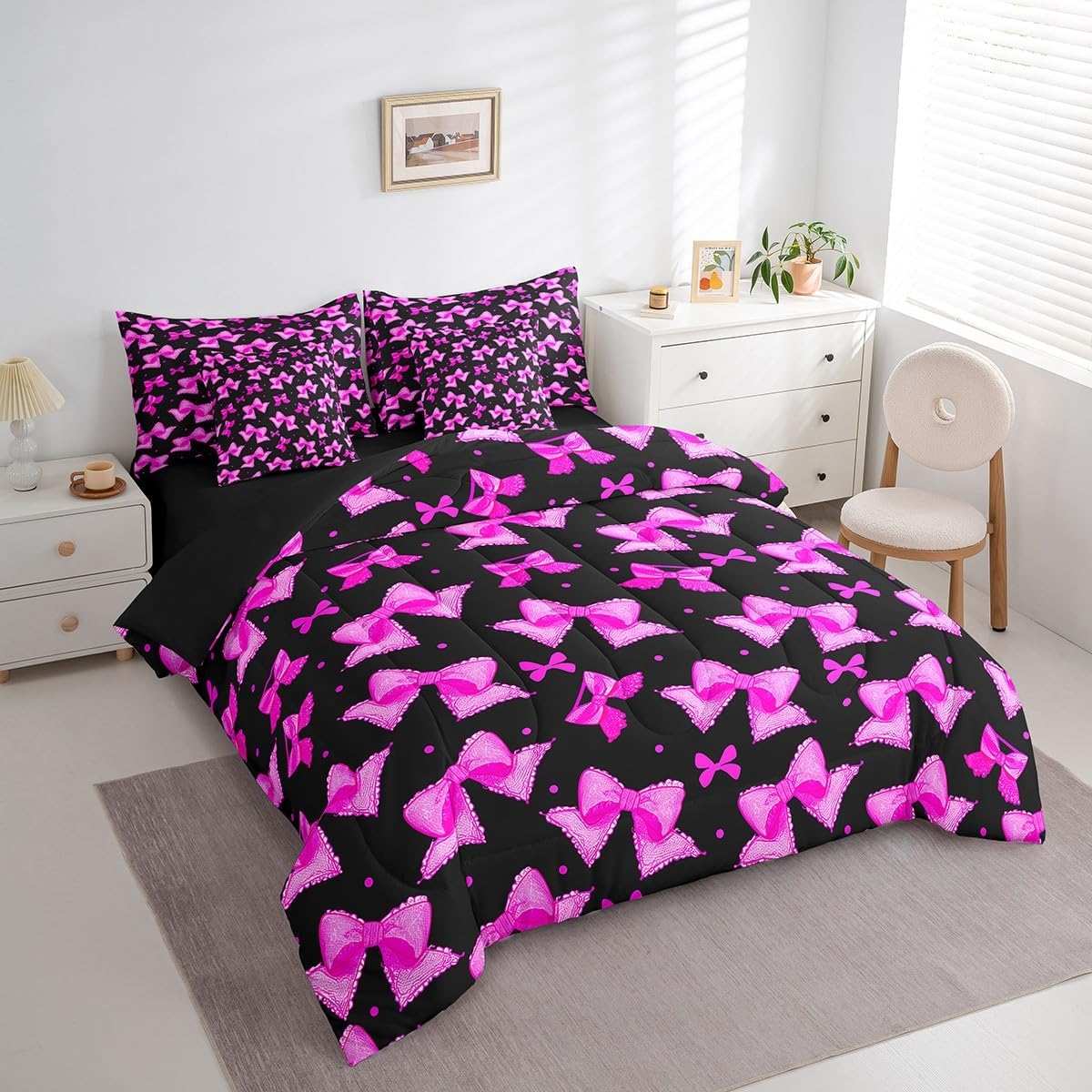 Feelyou Bowknot Comforter Set Queen Size 7 Pieces for Kids Bow Bed in a Bag Boys Girls Princess Bed Set Includes Comforter, Sheet Set, Pillowcases & Pillow Covers - Super Soft Breathable