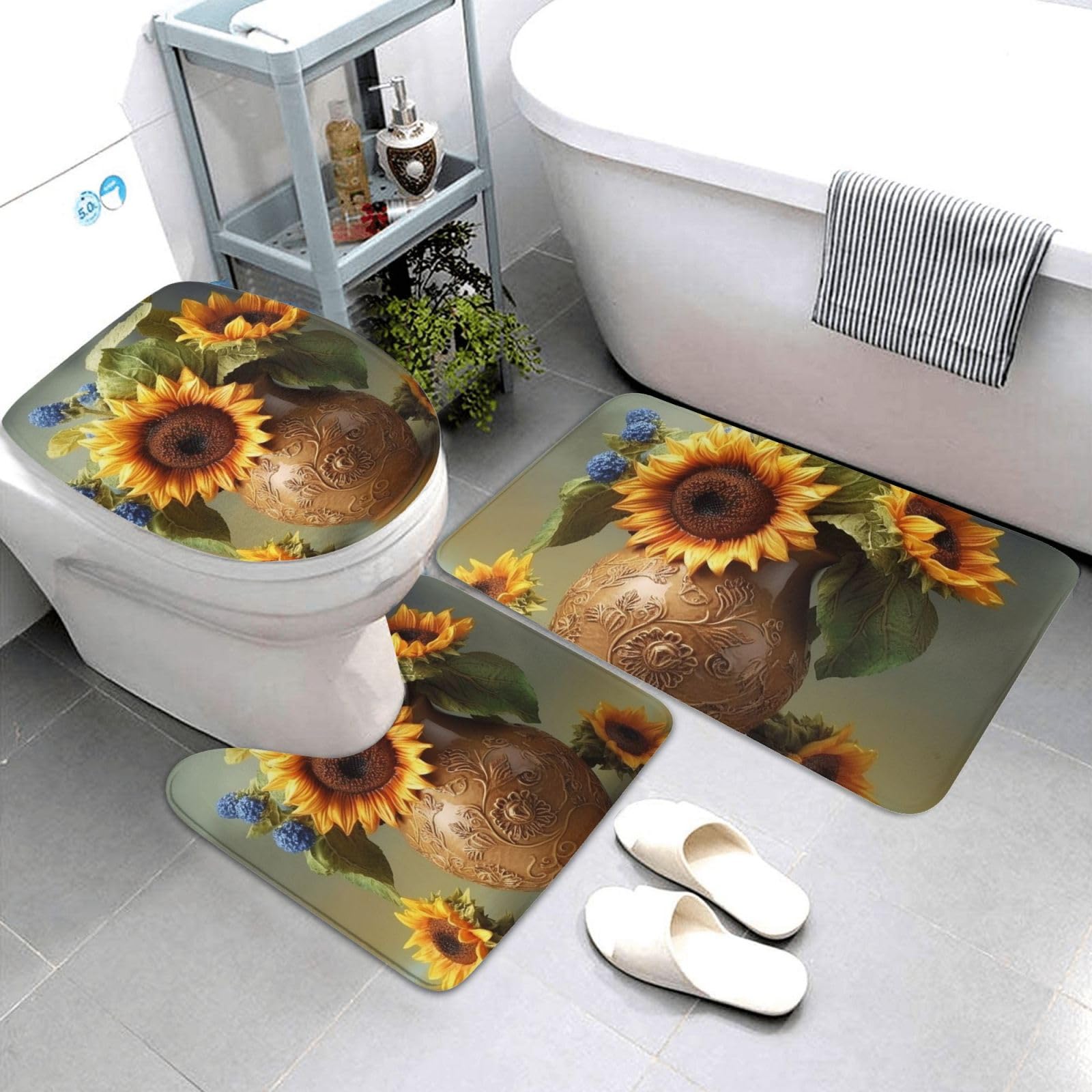 Dwrepo Vase Sunflower Print Bathroom Rug Set 3 Piece with Non-Slip U-Shaped Contour Mat and Toilet Lid Cover for Bathroom Decoration
