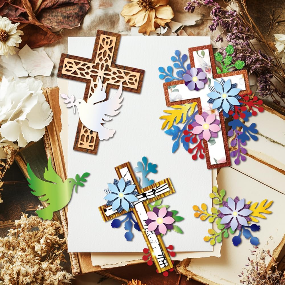 MAYJOYDIY Easter Flower Cross Die Cuts for Card Making Pigeon Olive Leaf Metal Cutting Dies Religion Cross Frame Embossing Cutting Stencil for Scrapbooking Craft Paper Easter Card Gift Decoration