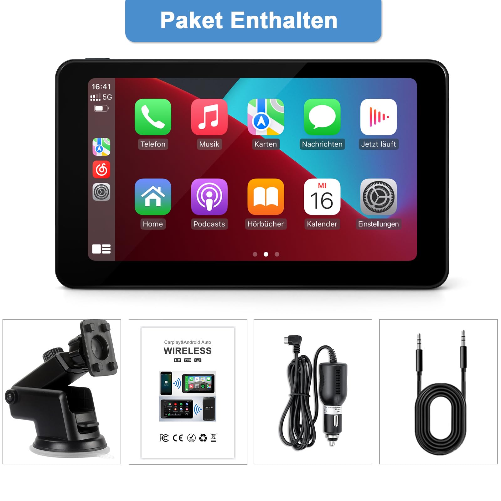 Tragbare CarPlay Display, Wireless Android Auto Monitor, IPS Touchscreen Bildschirm mit Bluetooth-Freisprecheinrichtung, Siri, Sprachassistent, Live-Navigation, MirrorLink, FM, AUX (7 Zoll)