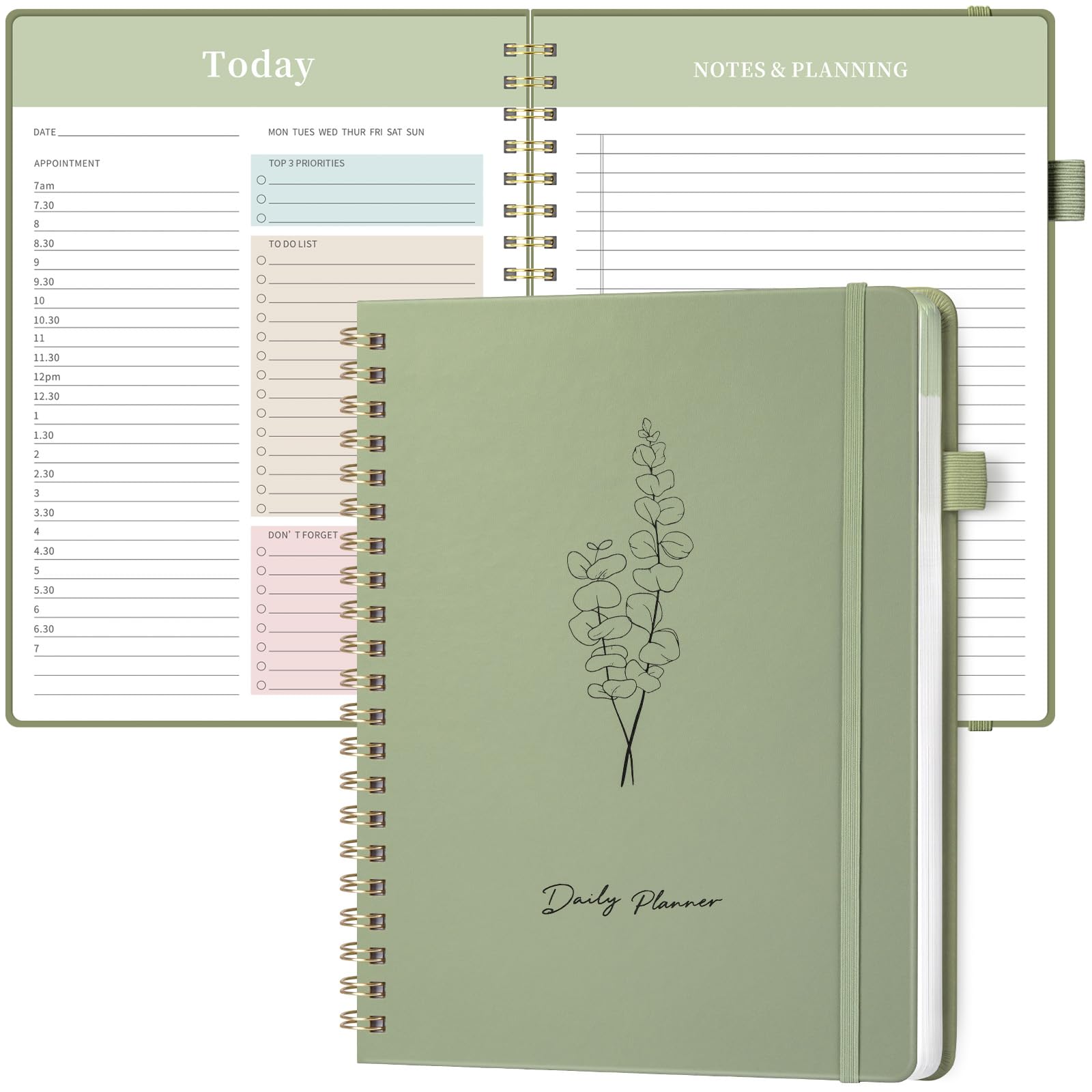 Umriox Daily Planner Undated,A4 To Do List Notebook Hourly Schedules,Spiral Hardcover Daily Organizer Notebook for Office,Home & School-Green