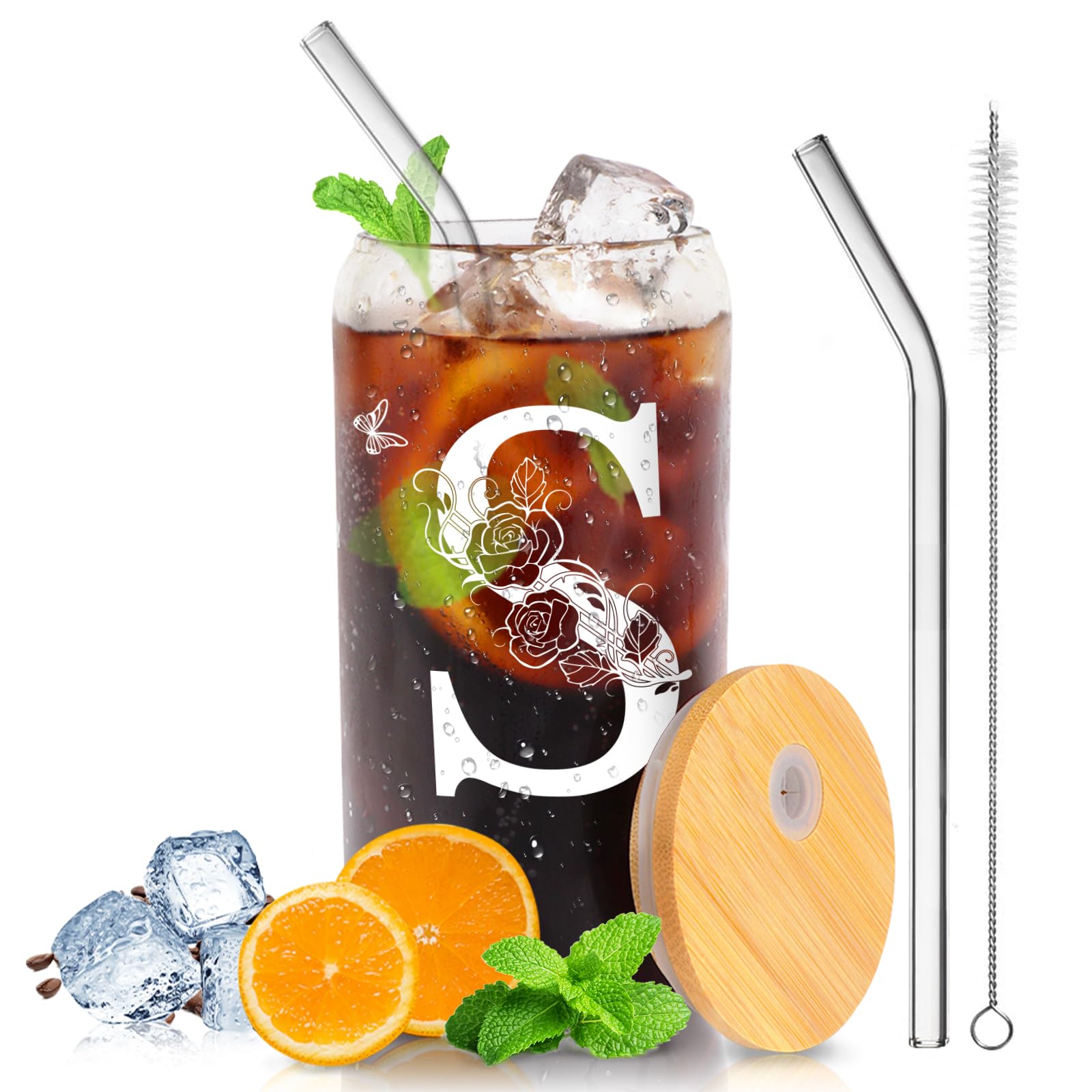 Personalized Gifts-for Women,Stylish A-Z Initial with Name, Gift for Birthday, Valentine's Day,Christmas,Teacher's Day for Mom Girlfriends Teachers,Coffee Smoothie Beer Glass with Lid Straw (S)