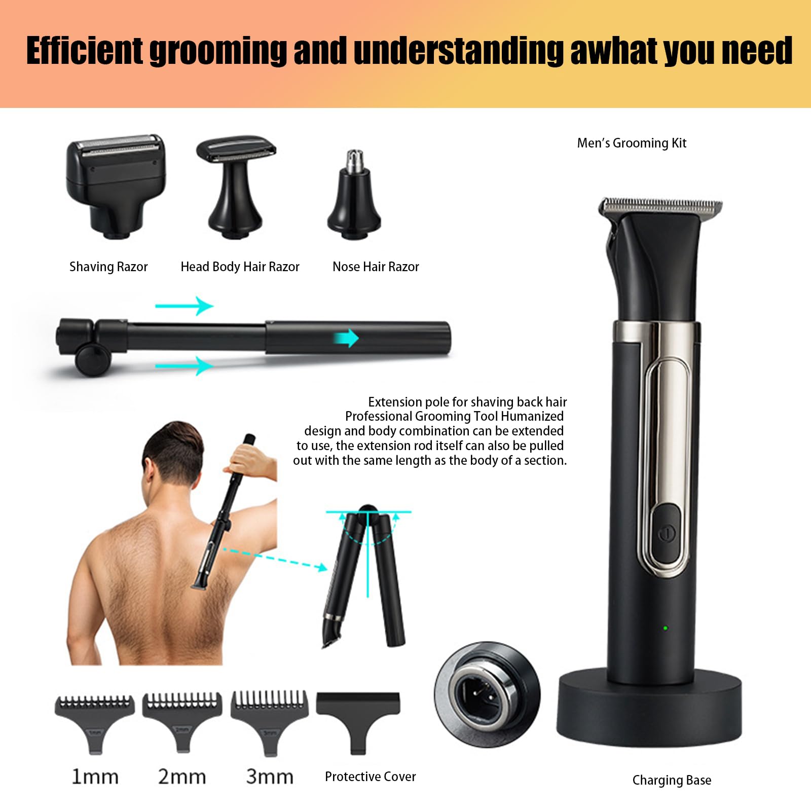 Elektrischer Rückenrasierer für Herren, 4-in-1 Körperpflegeset, Körperhaartrimmer mit verstellbarem Verlängerungsgriff, wasserfest, kabellos, USB-Körperpflege-Set für private Teile (Schwarz)