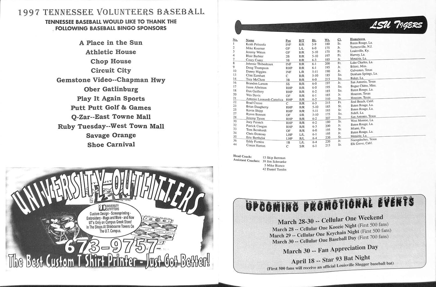1997 LSU v Tennessee Baseball Program Unscored Lindsey Nelson Stadium 89857b47 - College Programs