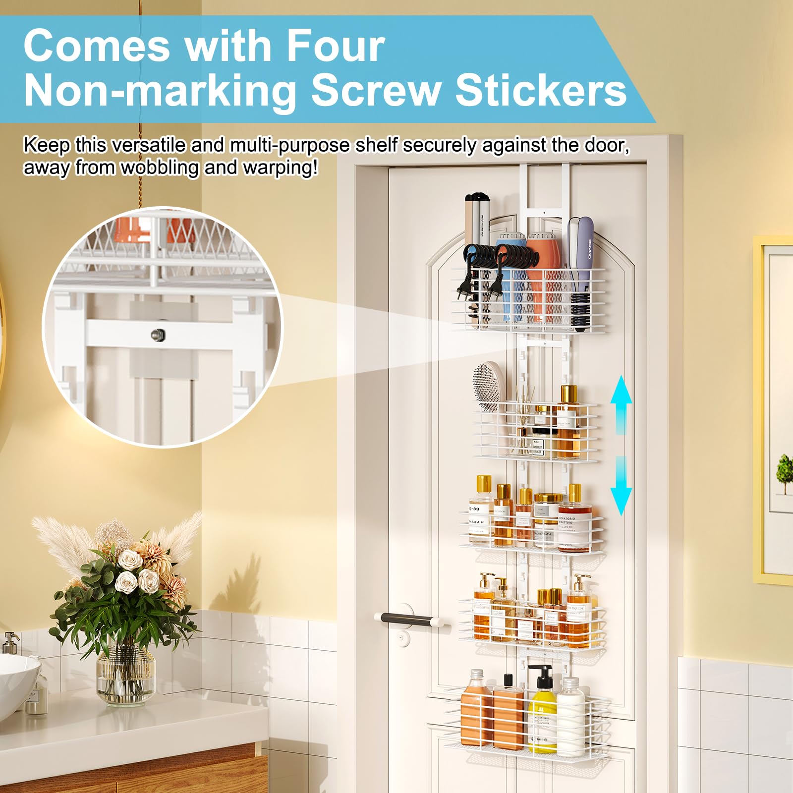 Organizador de 5 niveles sobre la puerta, estantes de baño, organizador de herramientas para el cabello, soporte para secador de pelo, altura ajustable, estante de almacenamiento de baño de 2