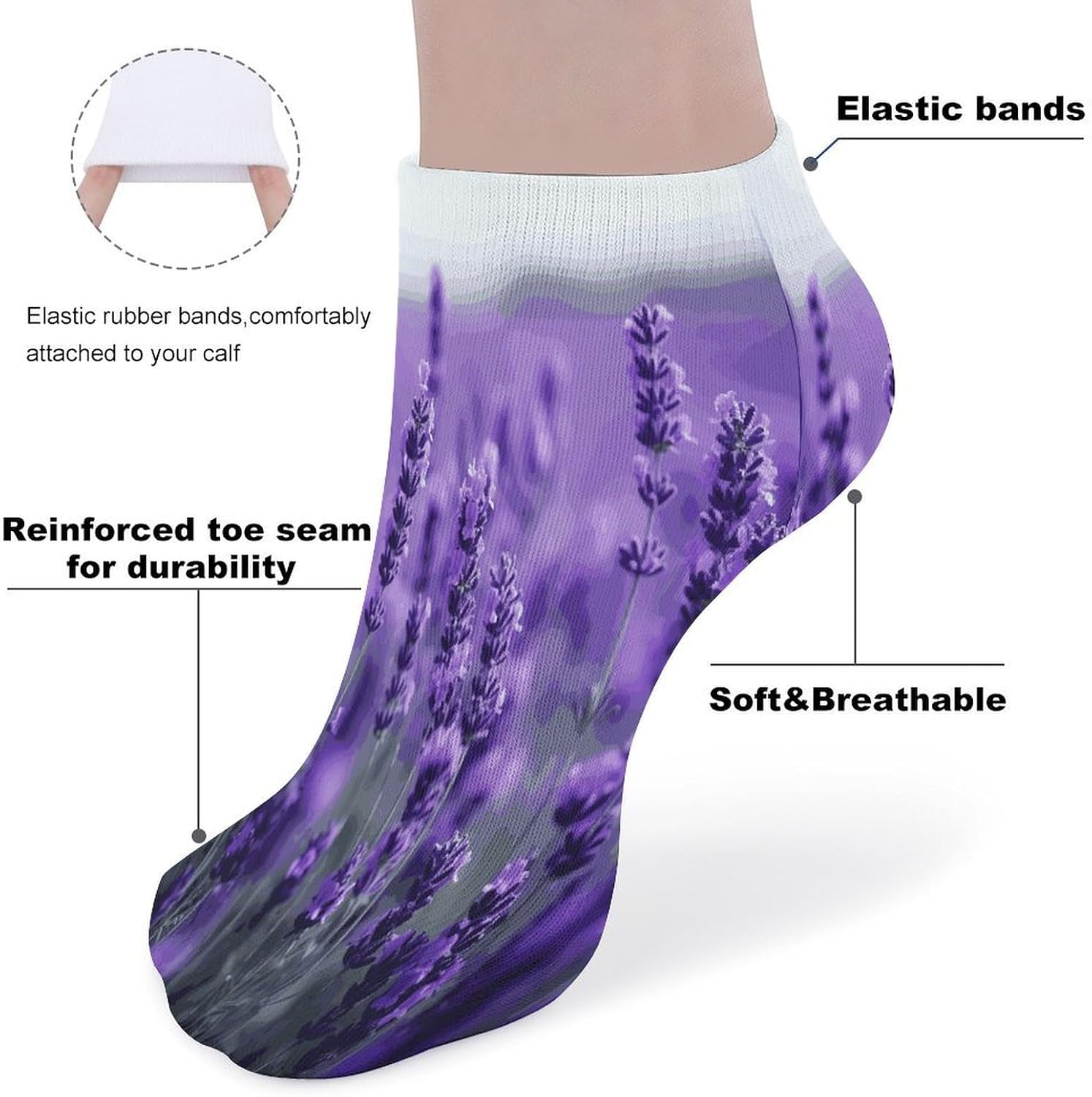 Purple Lavender Ankle Socks for Men Women 5 Pairs | Comfortable Casual Low Cut Socks, Lightweight No Show Breathable Athletic Socks, Soft Mini Crew Socks for All Seasons