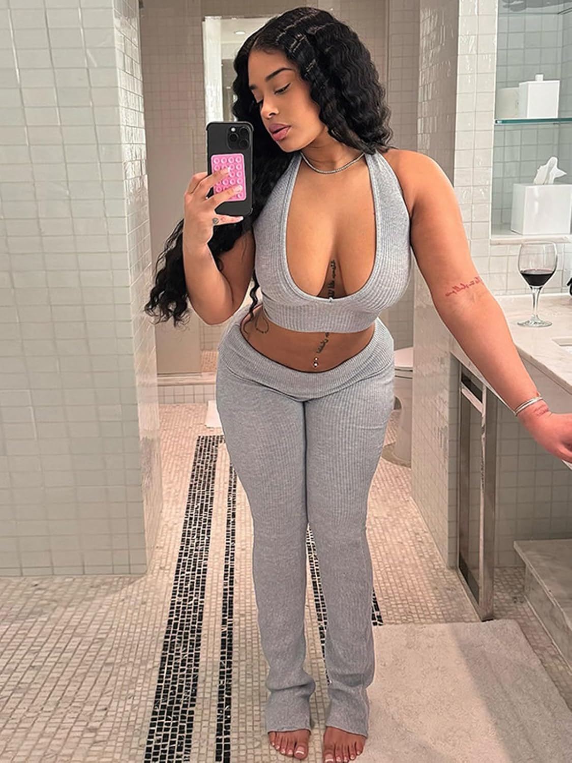 Vssjavun Women's Ribbed Knit 2 Piece Outfits Halter Crop Tops Foldover Bodycon Leggings Pants Casual Lounge Sets