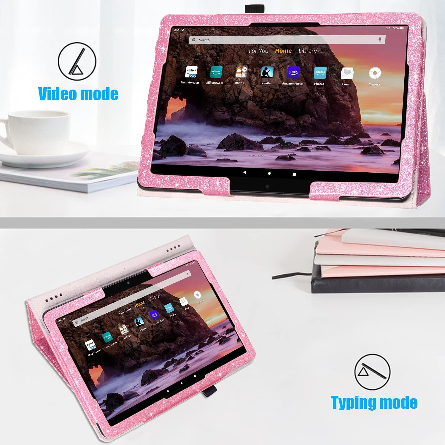 DMLuna Case for All-New Amazon Fire HD 10 & 10 Plus Tablet (13th / 11th Generation, 2023/2021 Release) 10.1", Slim Cover with Folding Stand, Auto Wake/Sleep, Hand Strap, Card Slot - Glitter Pink