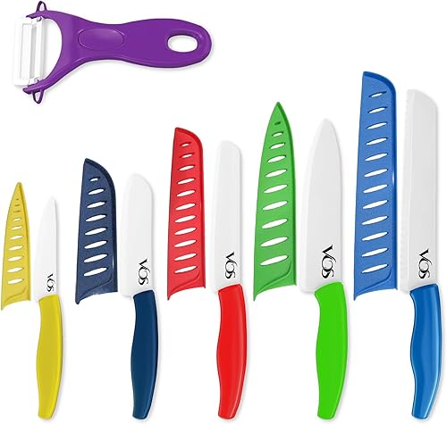 Vista 14 de Vos Cuchillo de cerámica con pelador, juego de cuchillos para cocina, juego de cuchillos de cocina ultra afilados con fundas, 4" 5" 6" 7" 8