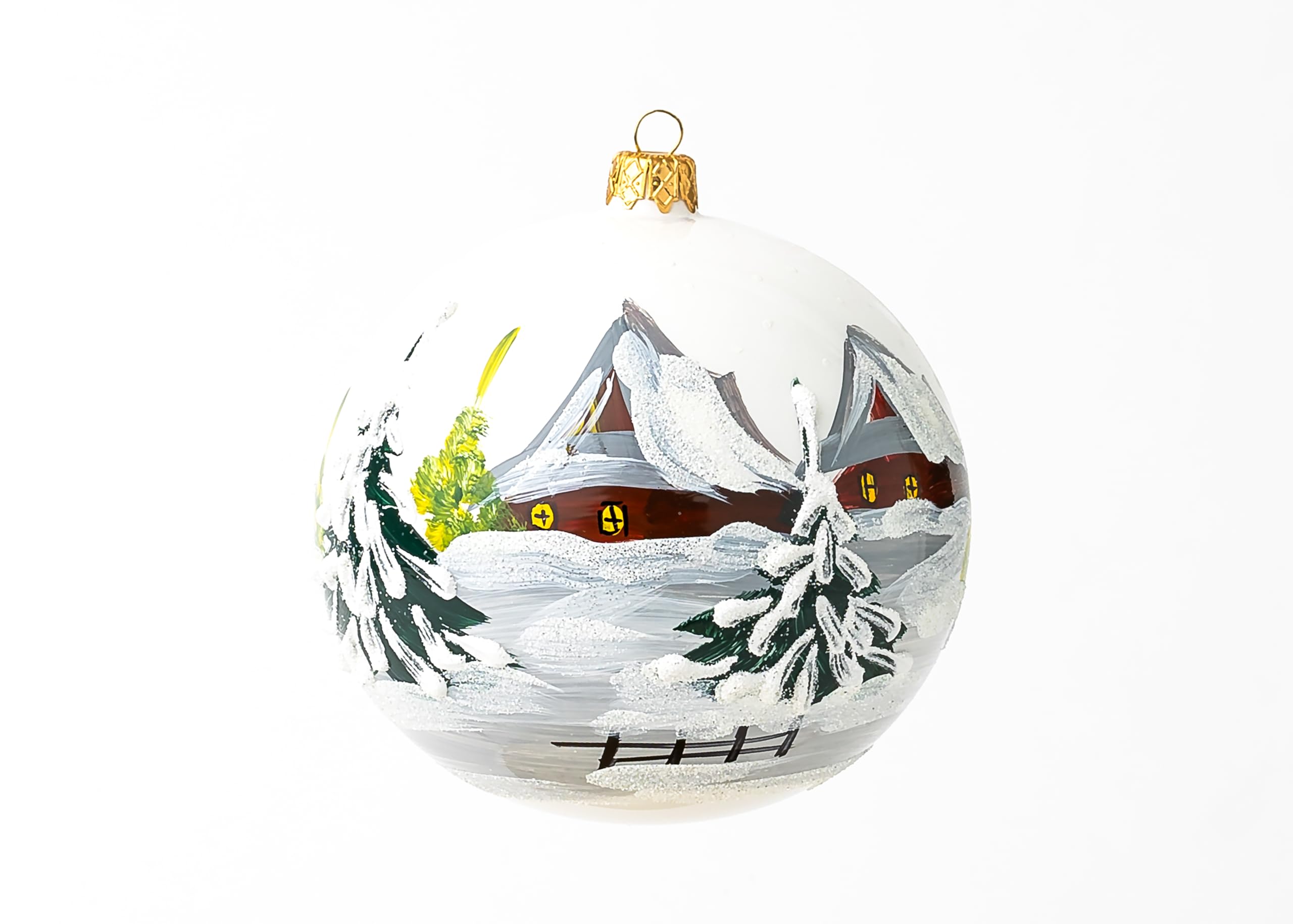 Adorno navideño, paisaje del campo, bola de cristal soplado 5" (blanco ópalo, 120mm)