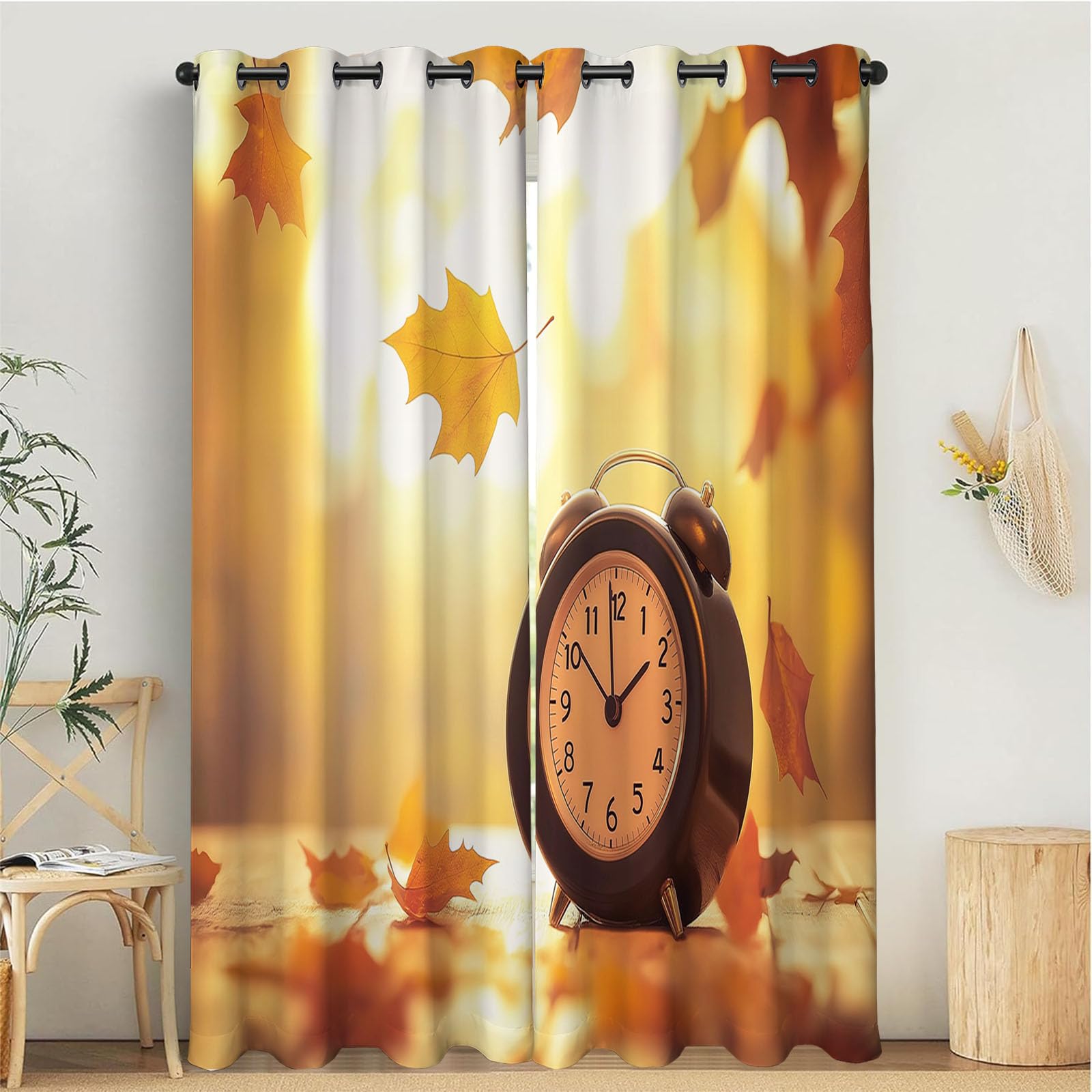 Rideau à oeillets pour salon style réveil orange et feuilles automne