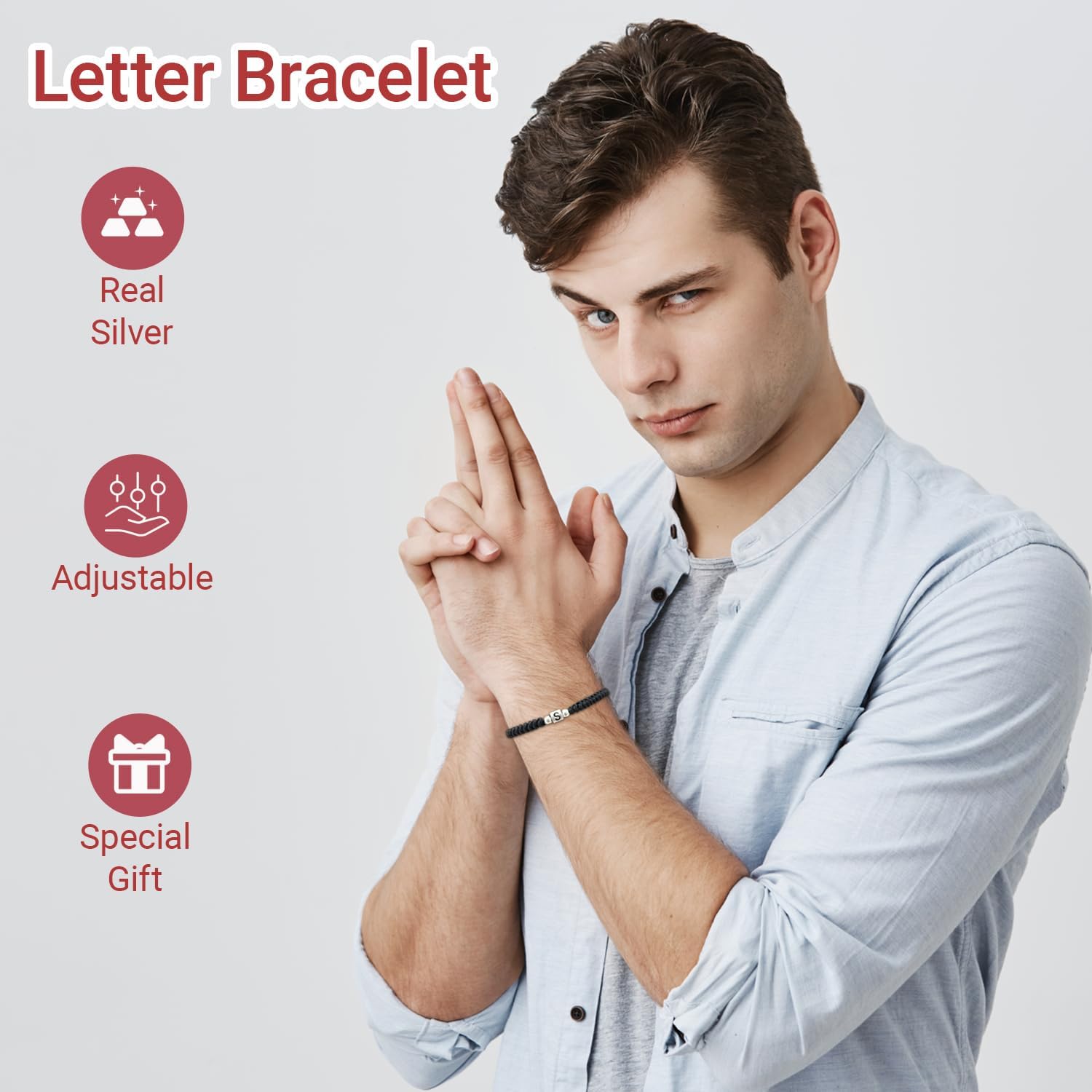 Sterling Silver Initial Bracelets for Love, Monogram Inspirational Gifts Letter Bracelets for Man Woman Siter Friend, Memorial Day Gifts for Hubby Wifey Valentine's Day - Image 4