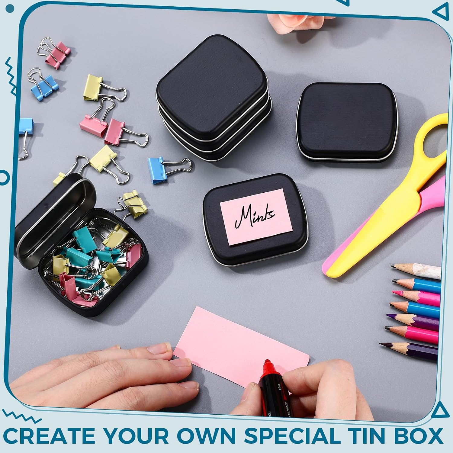 100 Pcs Metal Hinged Tin Box Rectangular Small Tin Container with Lid Mini Portable Tinplate Storage Box for Drawing Pin, Candies, Jewelry, Crafts, Button, Pill 2.4 x 1.8 x 0.6 Inch (Black)